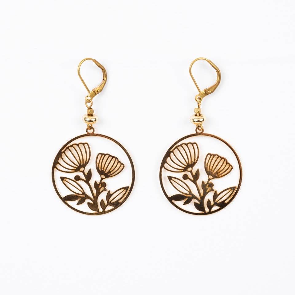 24K Plate Circle Frame Flower Earrings