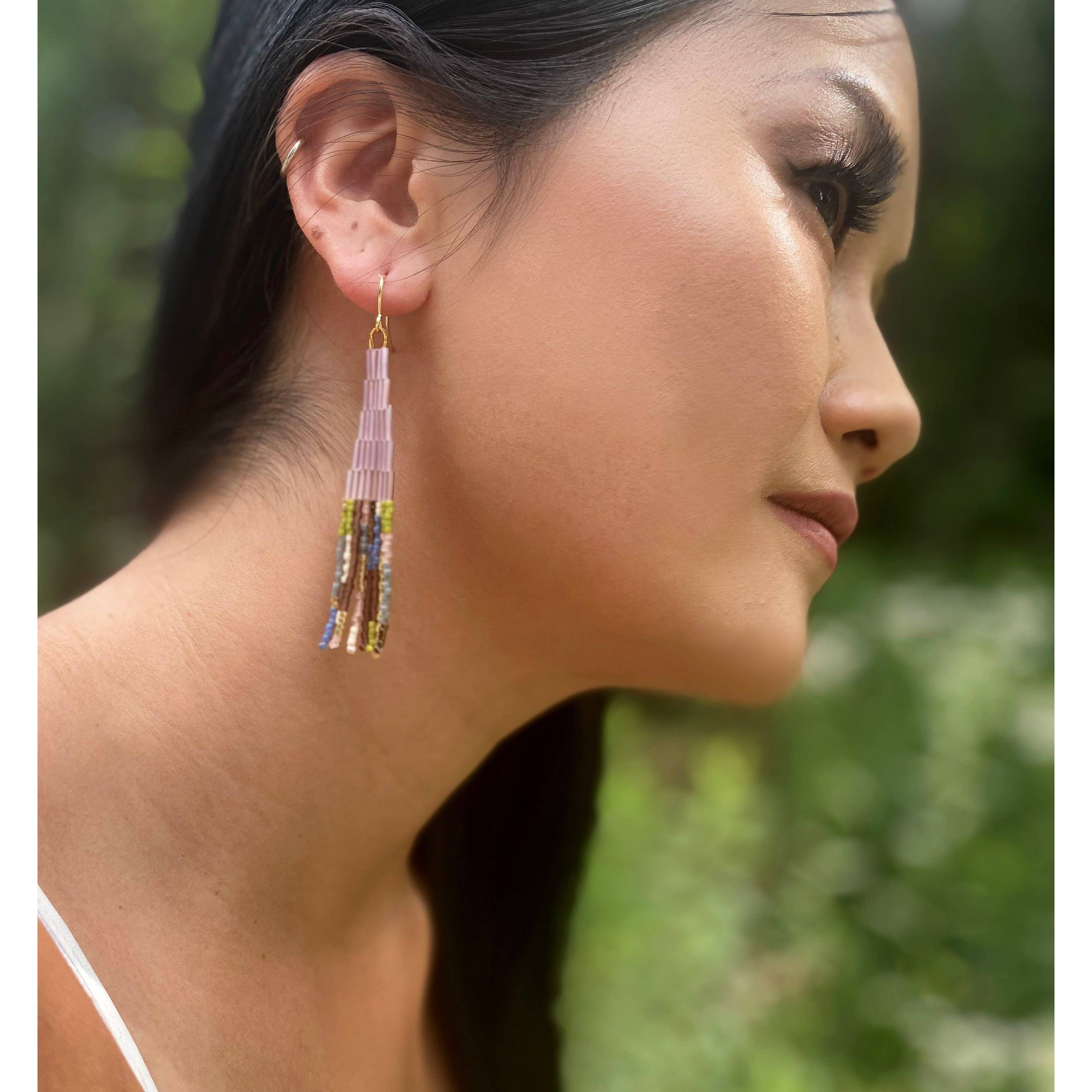 Beaded Handwoven Abstract Fringe Earrings- Assorted Colors