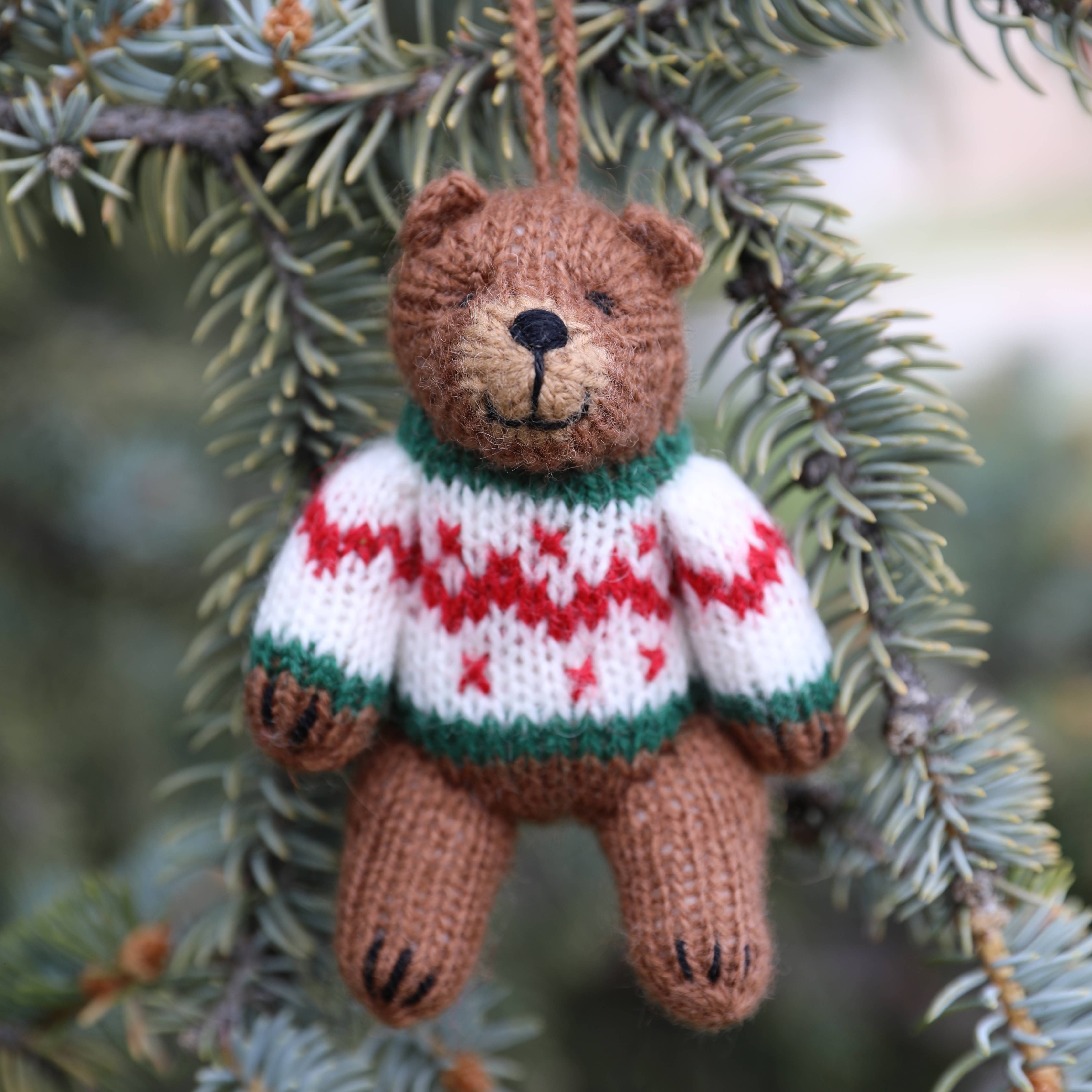 Brown Bear in Sweaters Ornament- Sold Individually