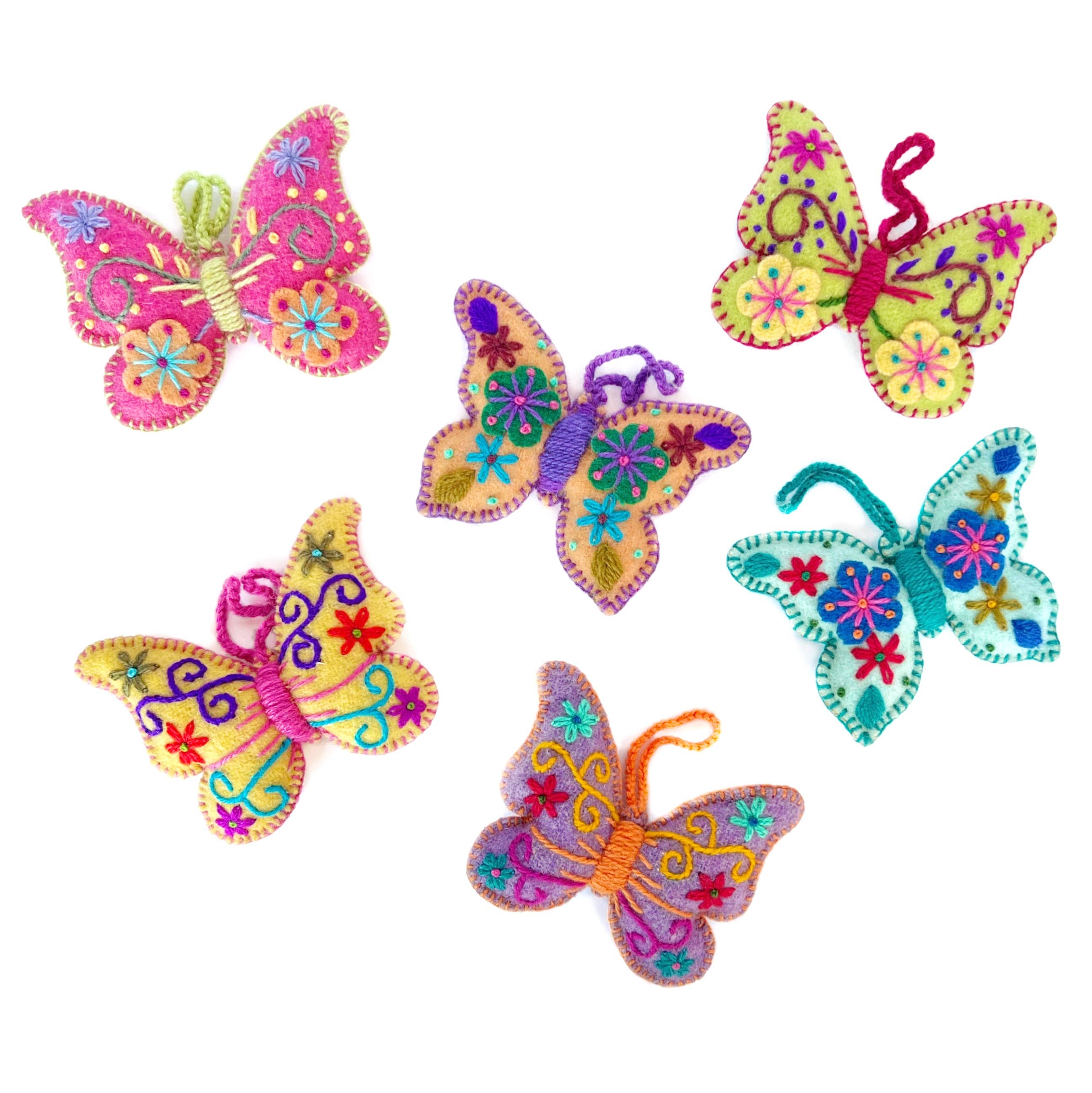 Colorful Embroidered Wool Butterfly Ornament- Sold Individually- Assorted Colors and Styles