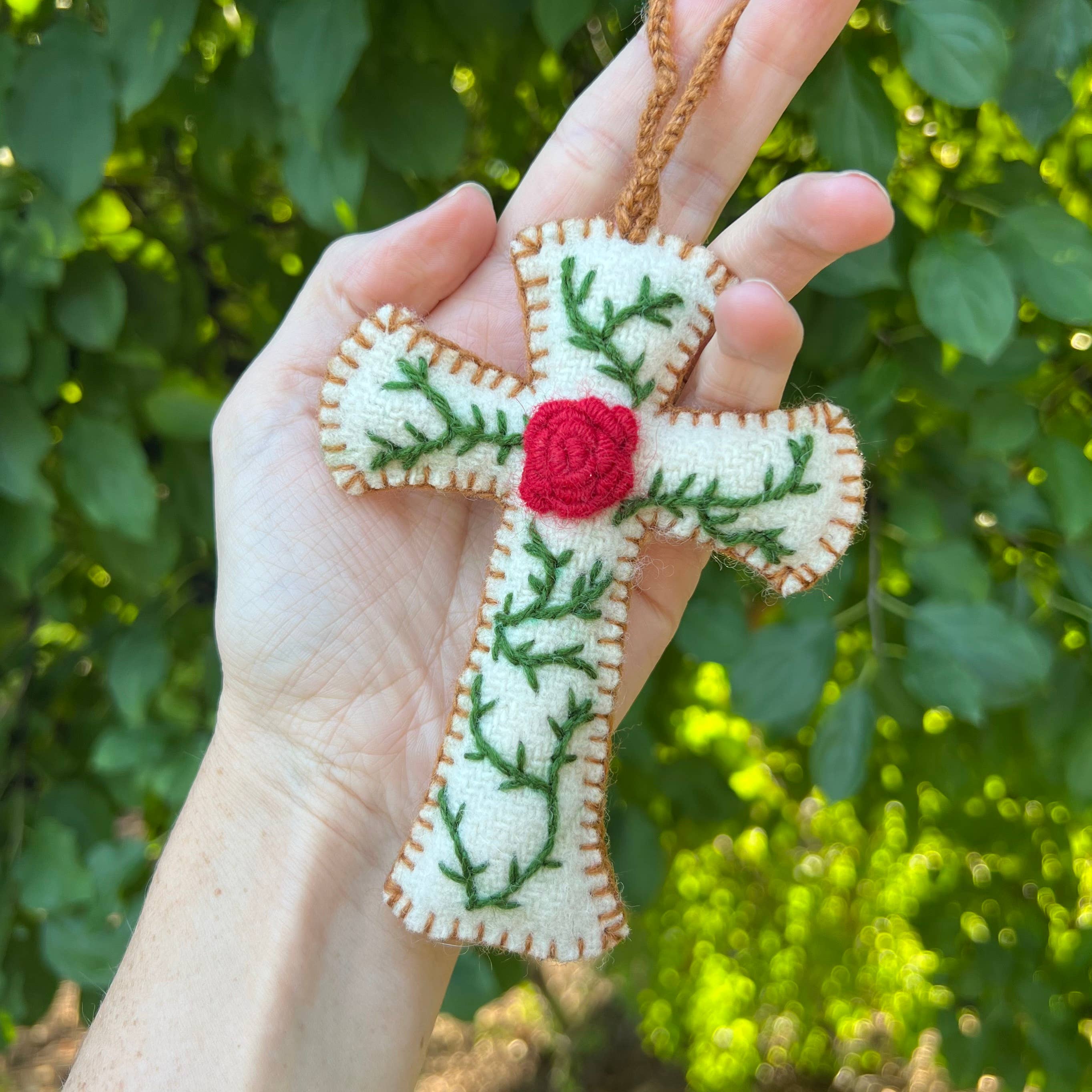 Cross with Rose Embroidered Wool Ornament