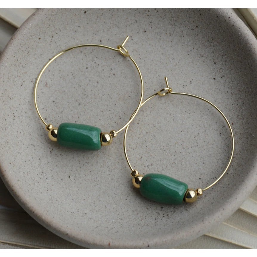 Cylinder Clay Bead Gold Hoop Earrings- Assorted Colors