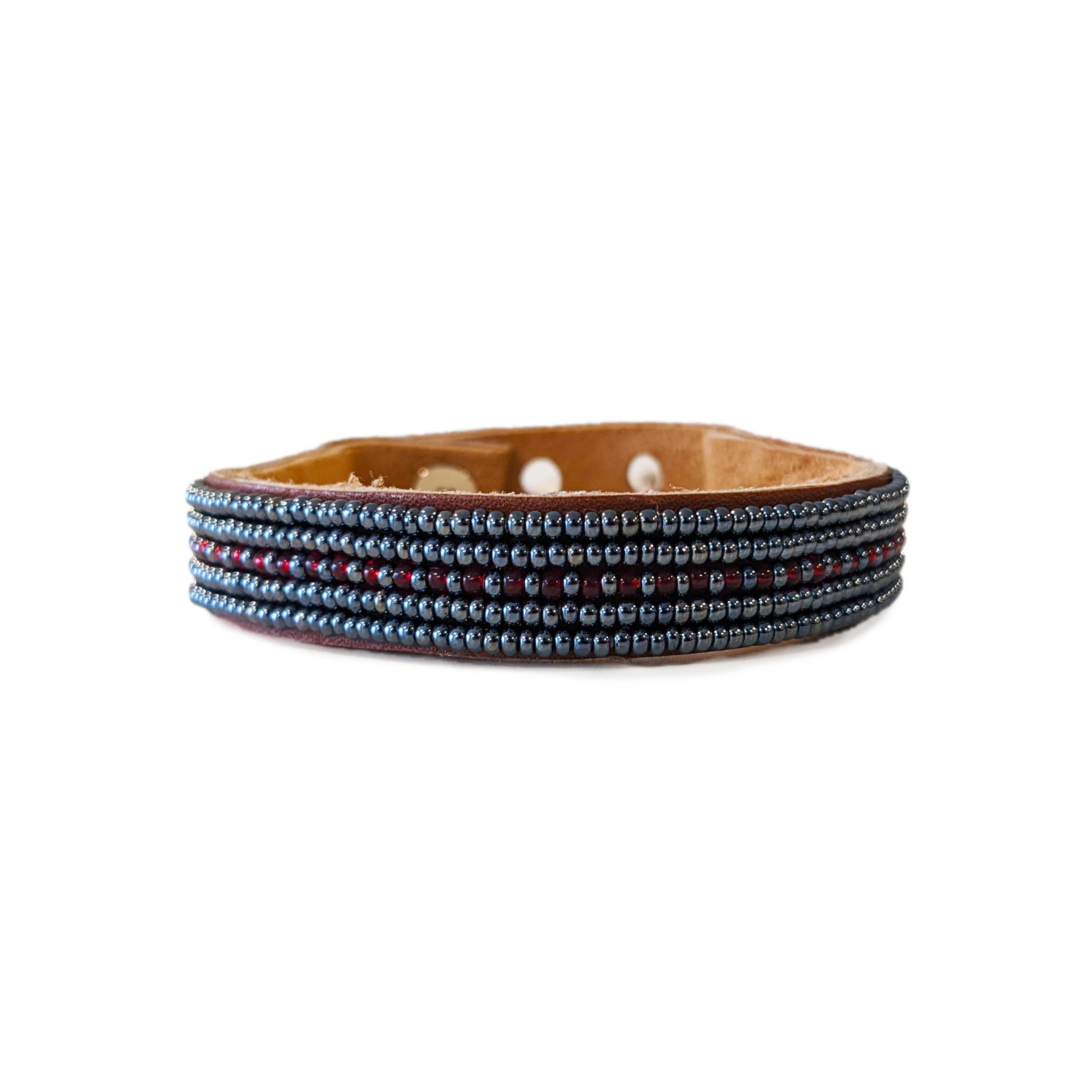 Dashes Garnet and Slate Beaded Leather Cuff- Assorted Sizes