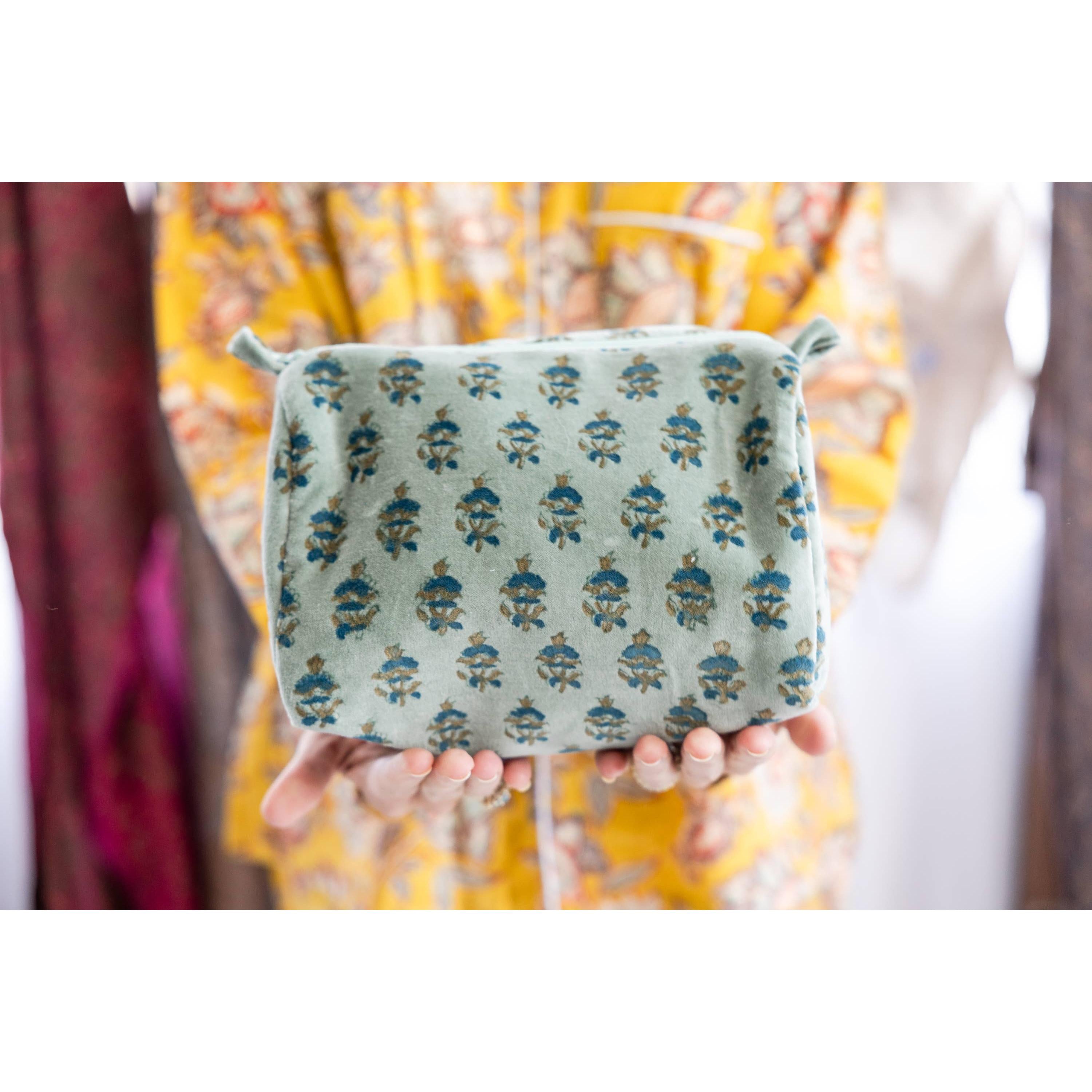 Floral Velvet Cosmetic Pouch-Mint