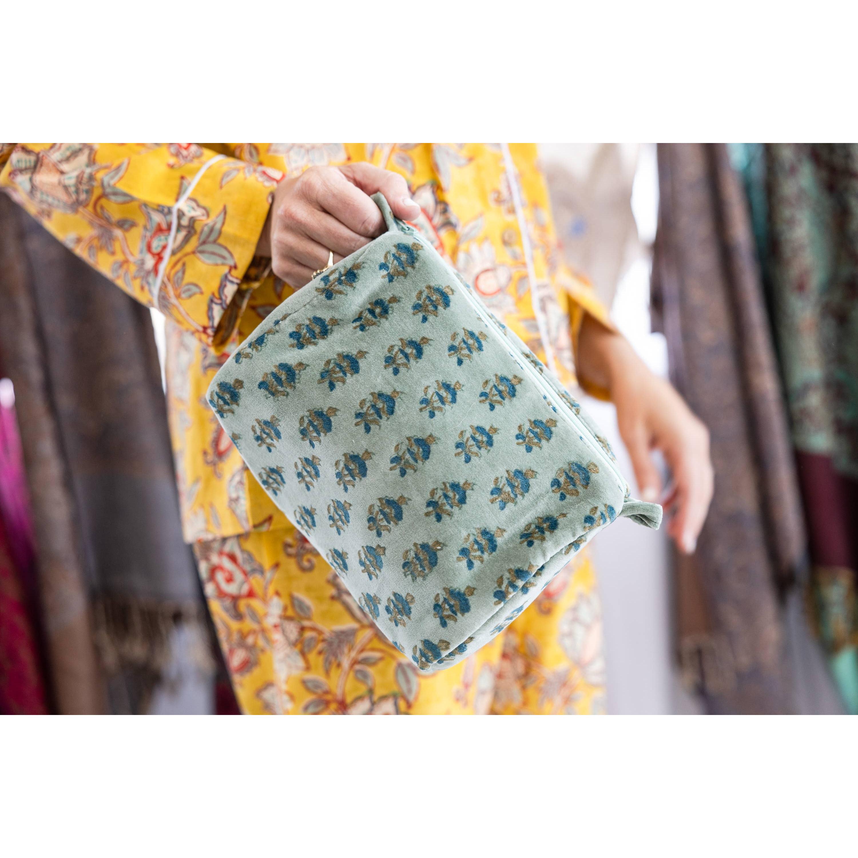 Floral Velvet Cosmetic Pouch-Mint