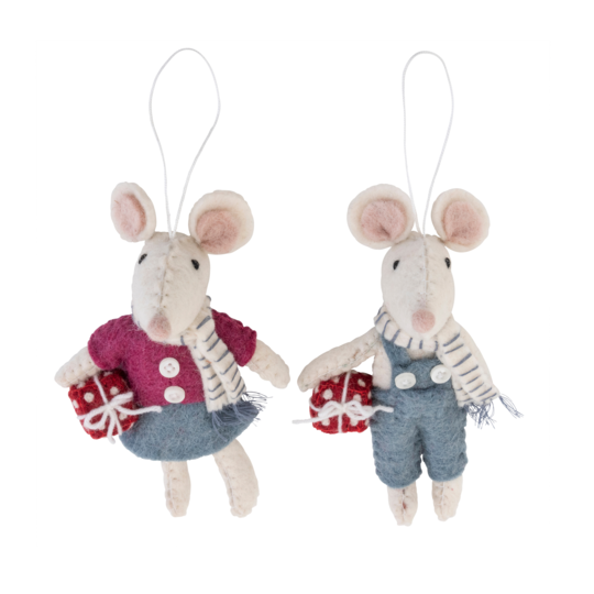 Grey Mouse with Gift Ornament- Sold Individually