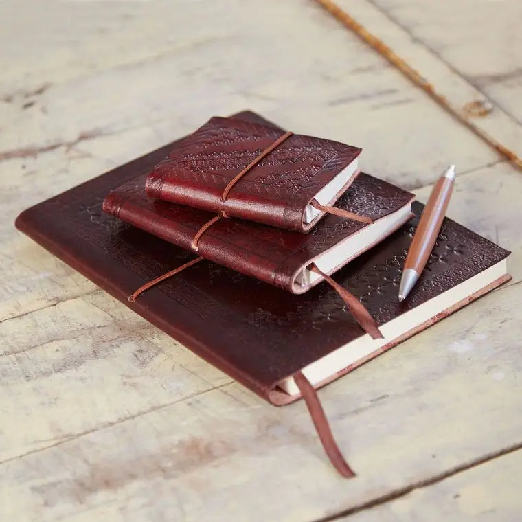 Handcrafted Thin Brown Embossed Leather Notebook- Assorted Sizes- Sold Individually