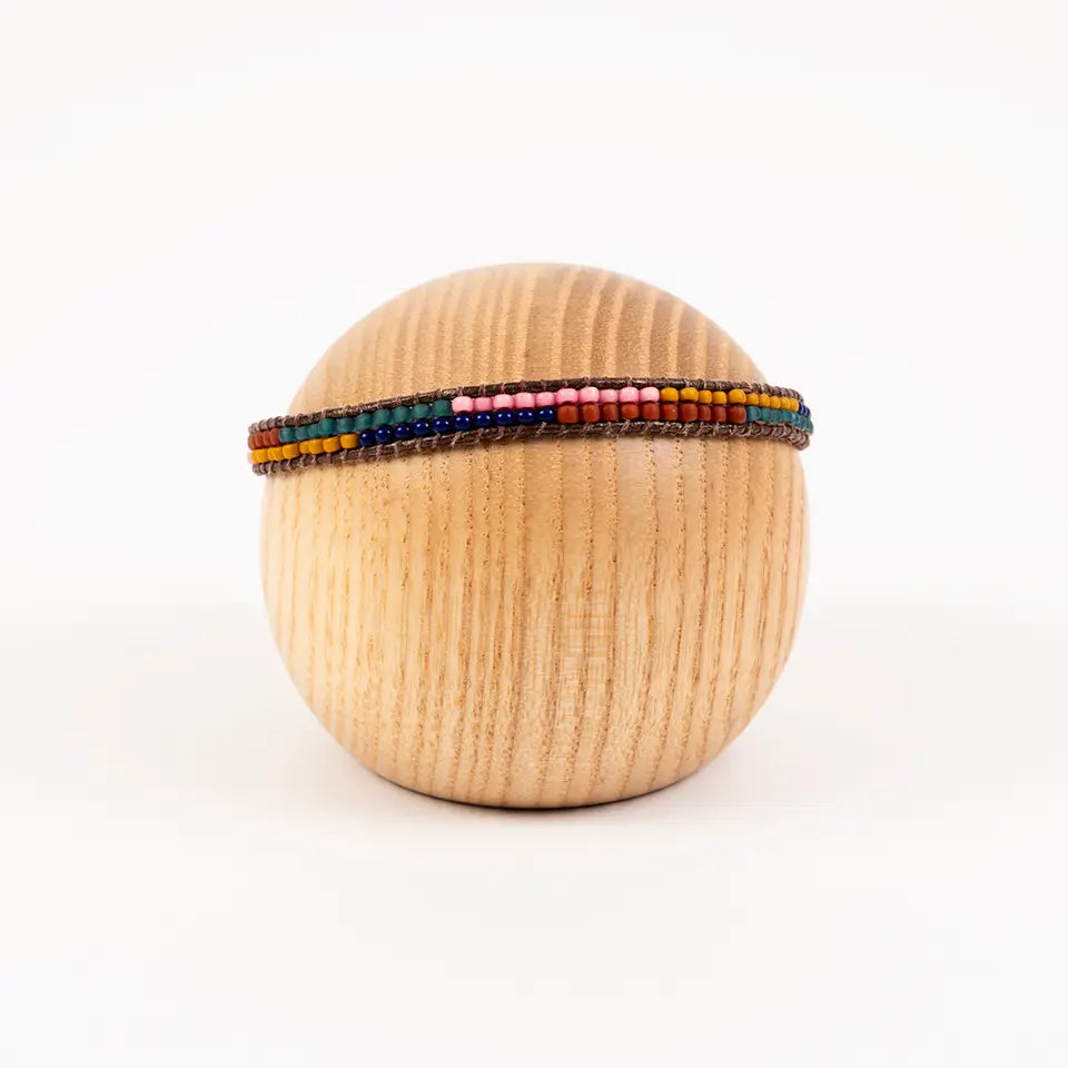 Layered Stripes Bead and Leather Bracelet- Assorted Colors