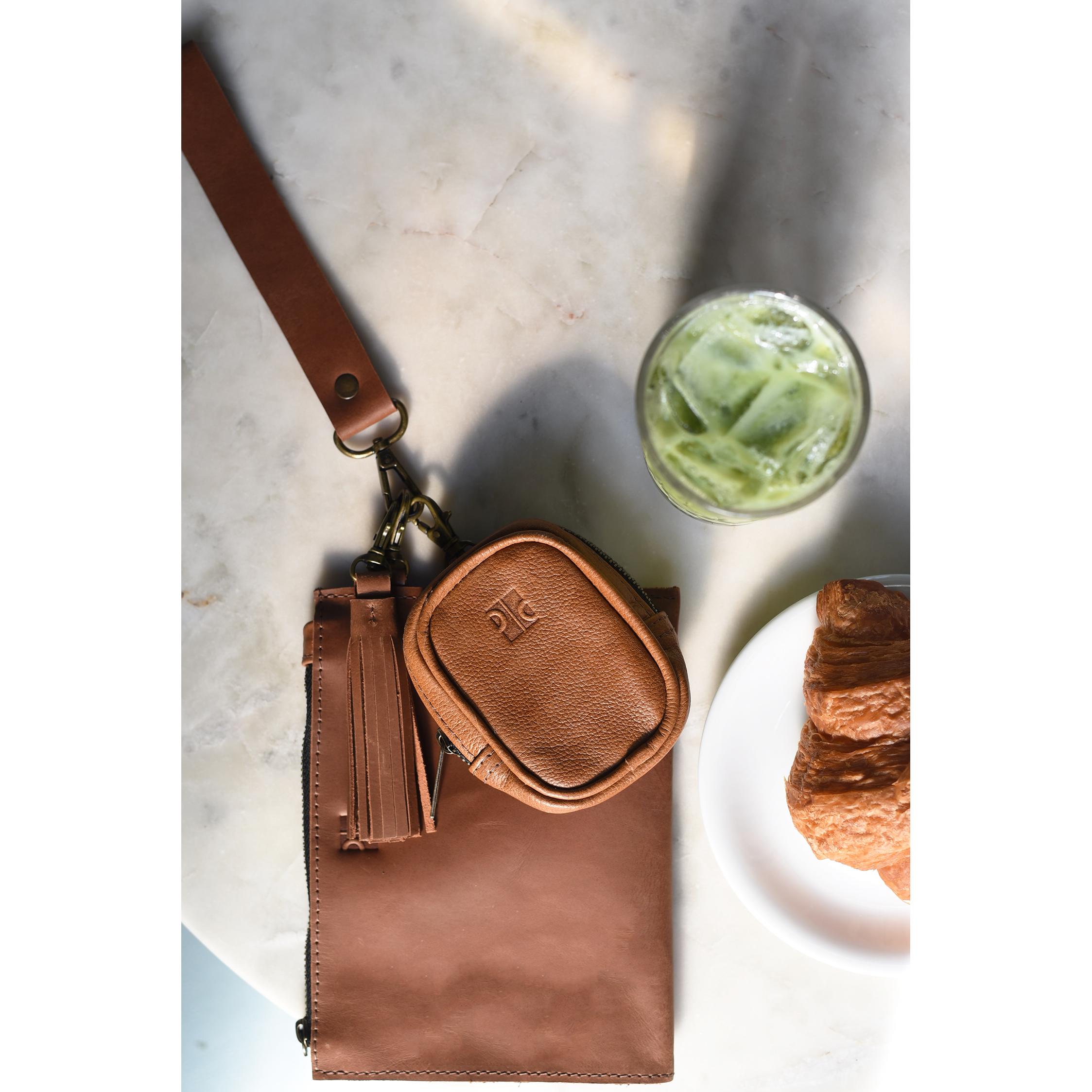 Pebbled Cognac Brown Leather Pouch Charm