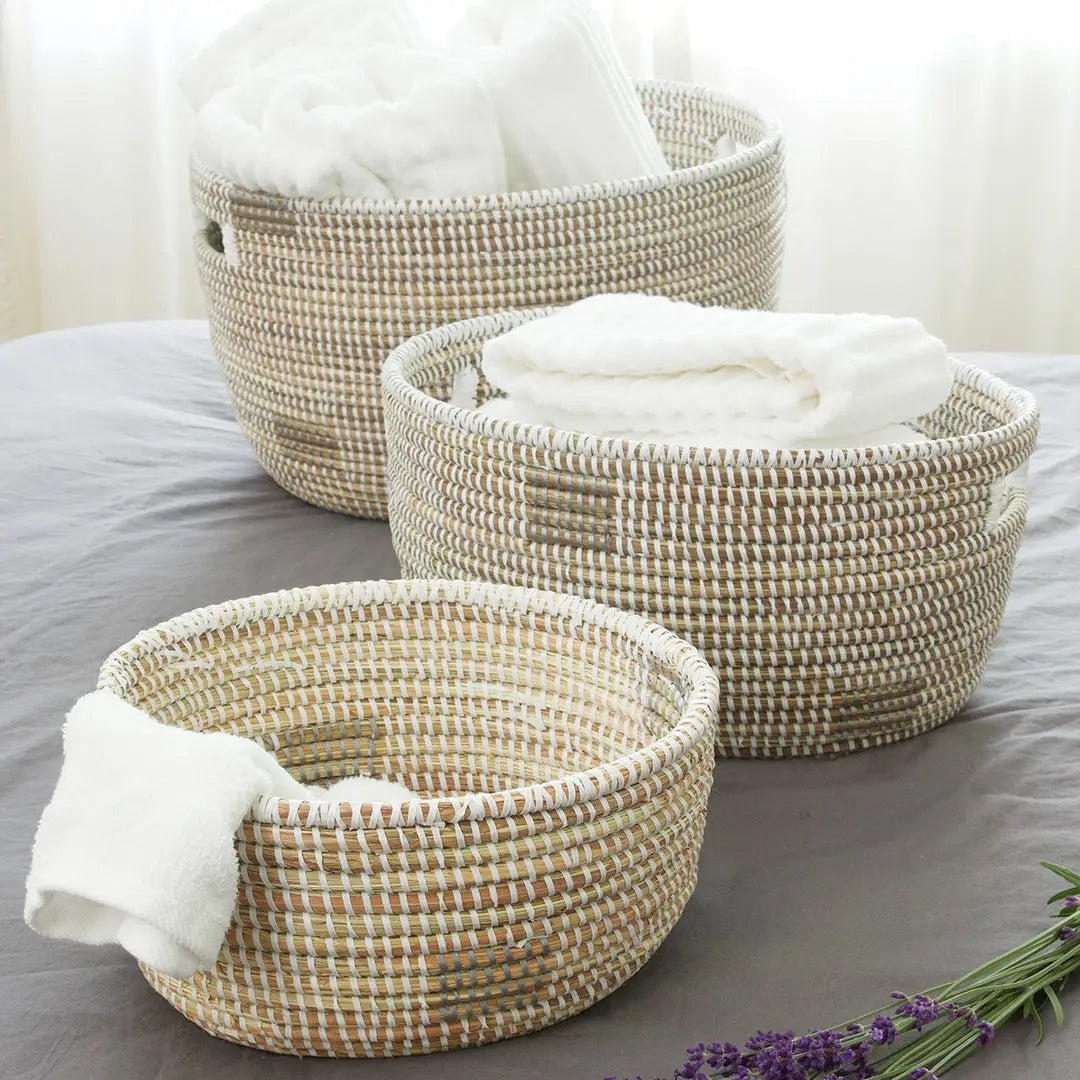 Silver and White Block Print Nesting Basket
