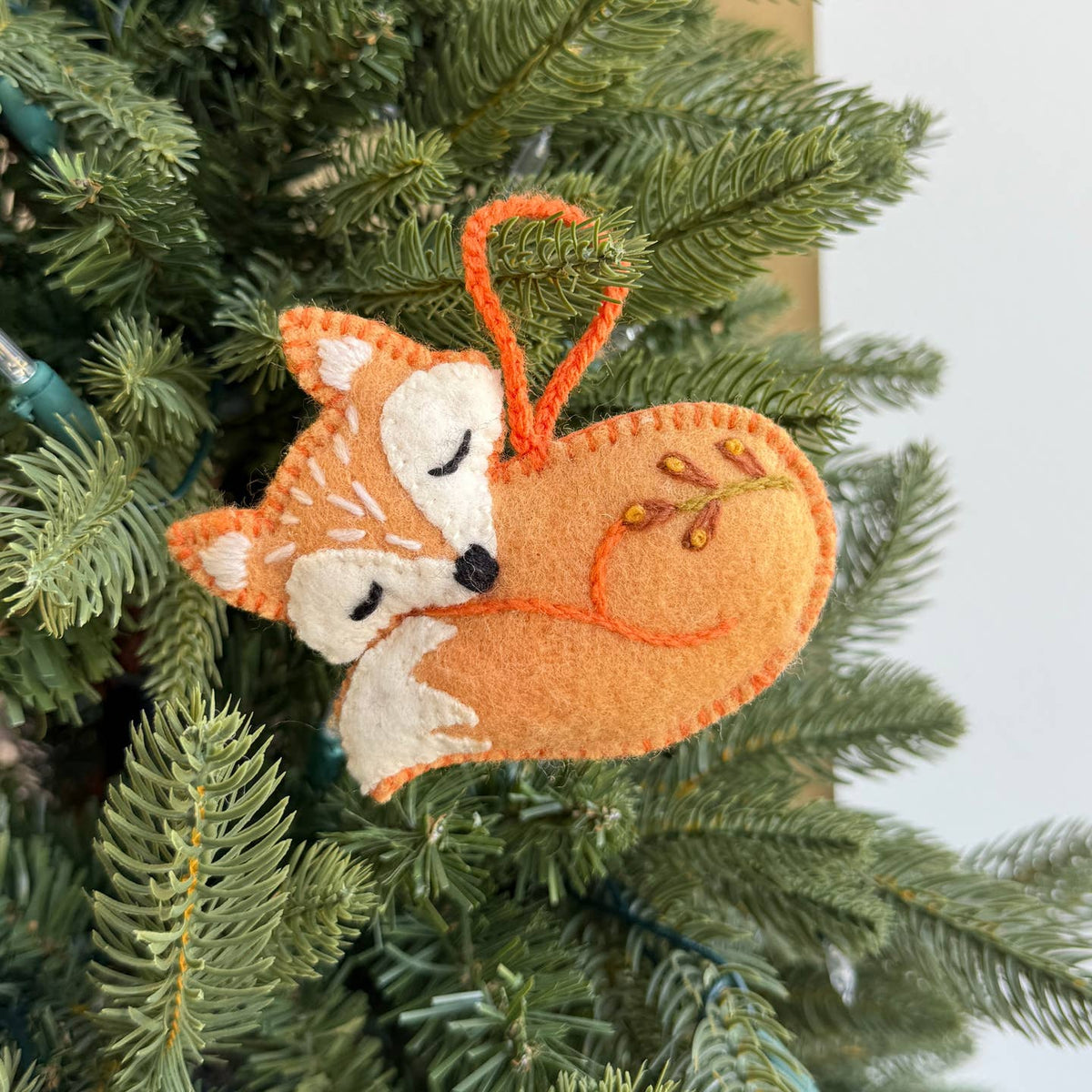 Sleeping Fox Embroidered Wool Ornament