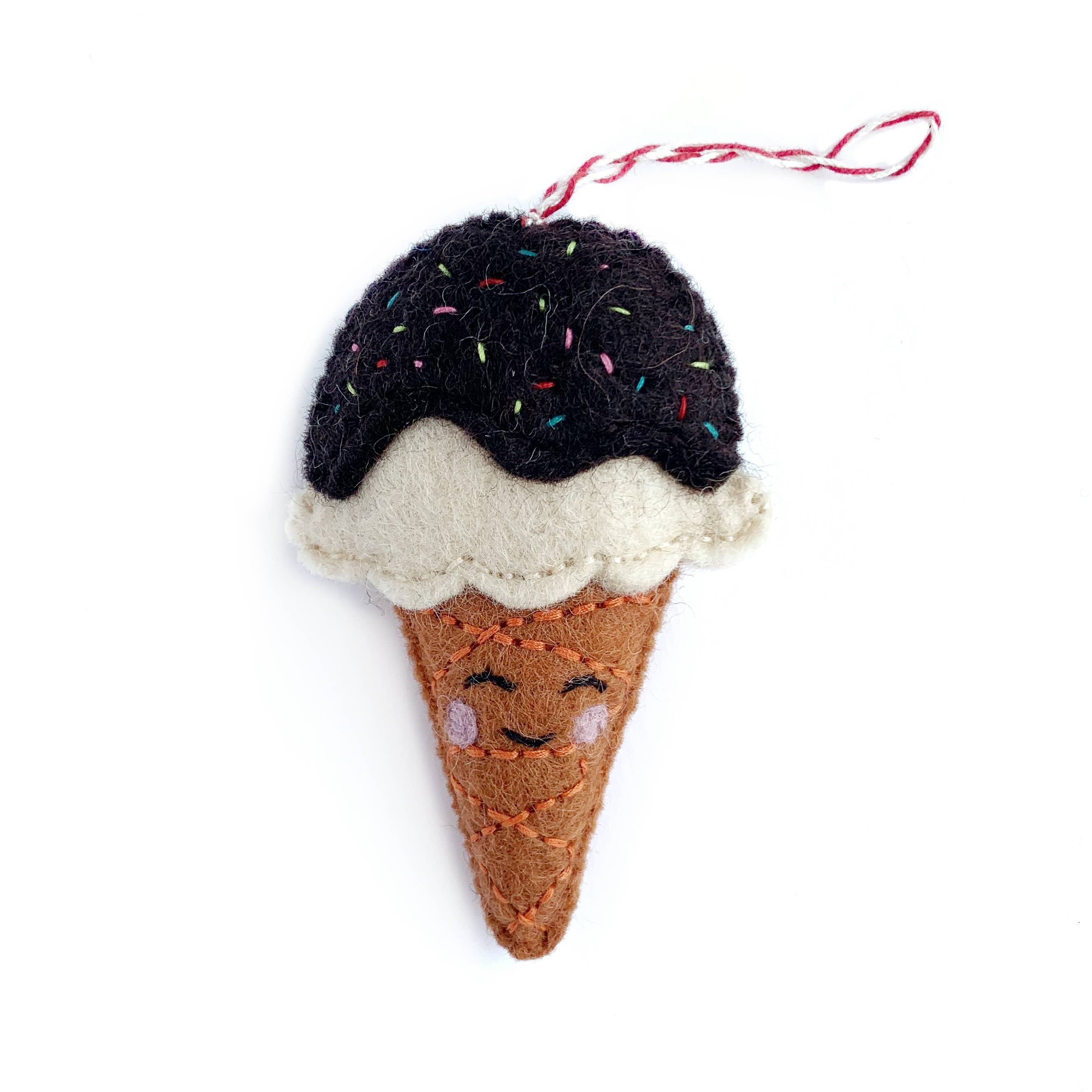 Smiling Ice Cream Cone Felt Wool Ornament