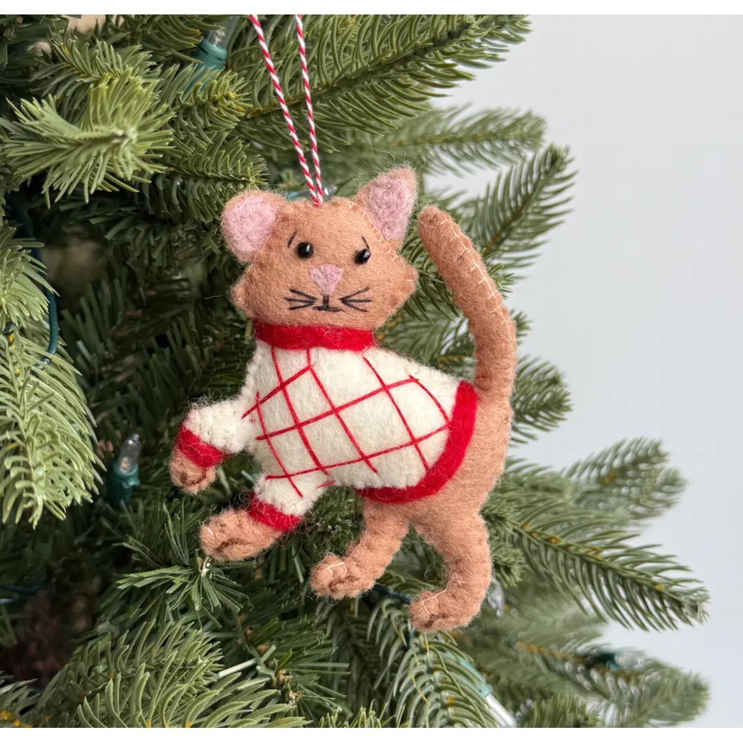 Tan Cat in Sweater Felt Wool Ornament
