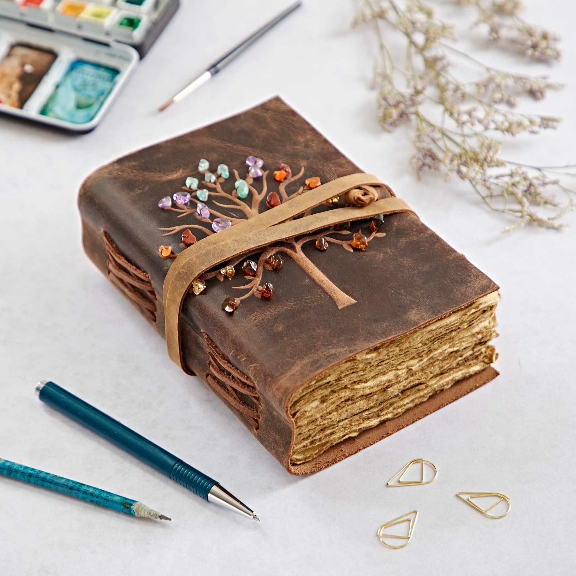 Tree of Life Buffalo Leather Journal with Gemstones