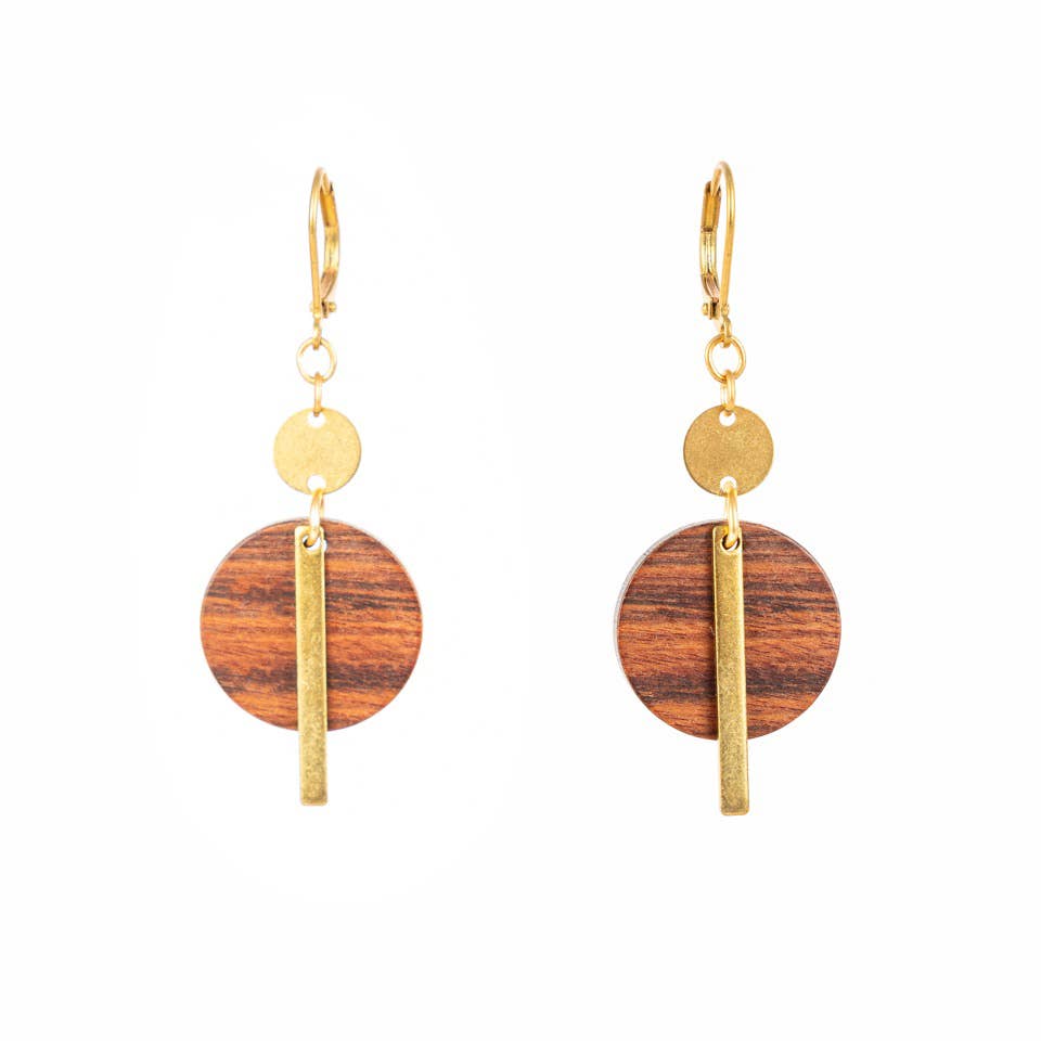 Wood Disc & Brass Bar Earrings