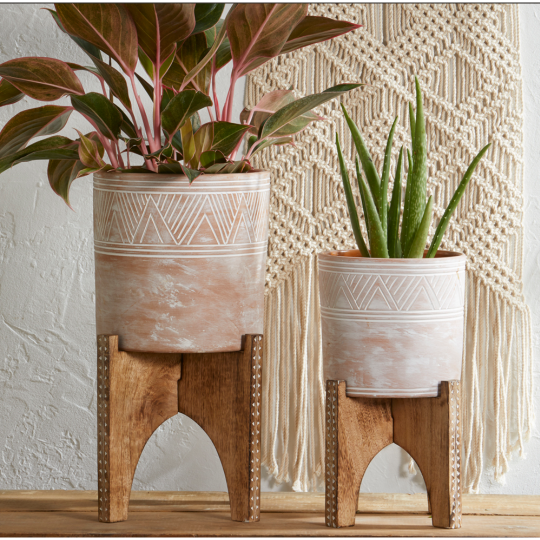 plant pots on stand Mango Wood Plant Stand with Etched Planter