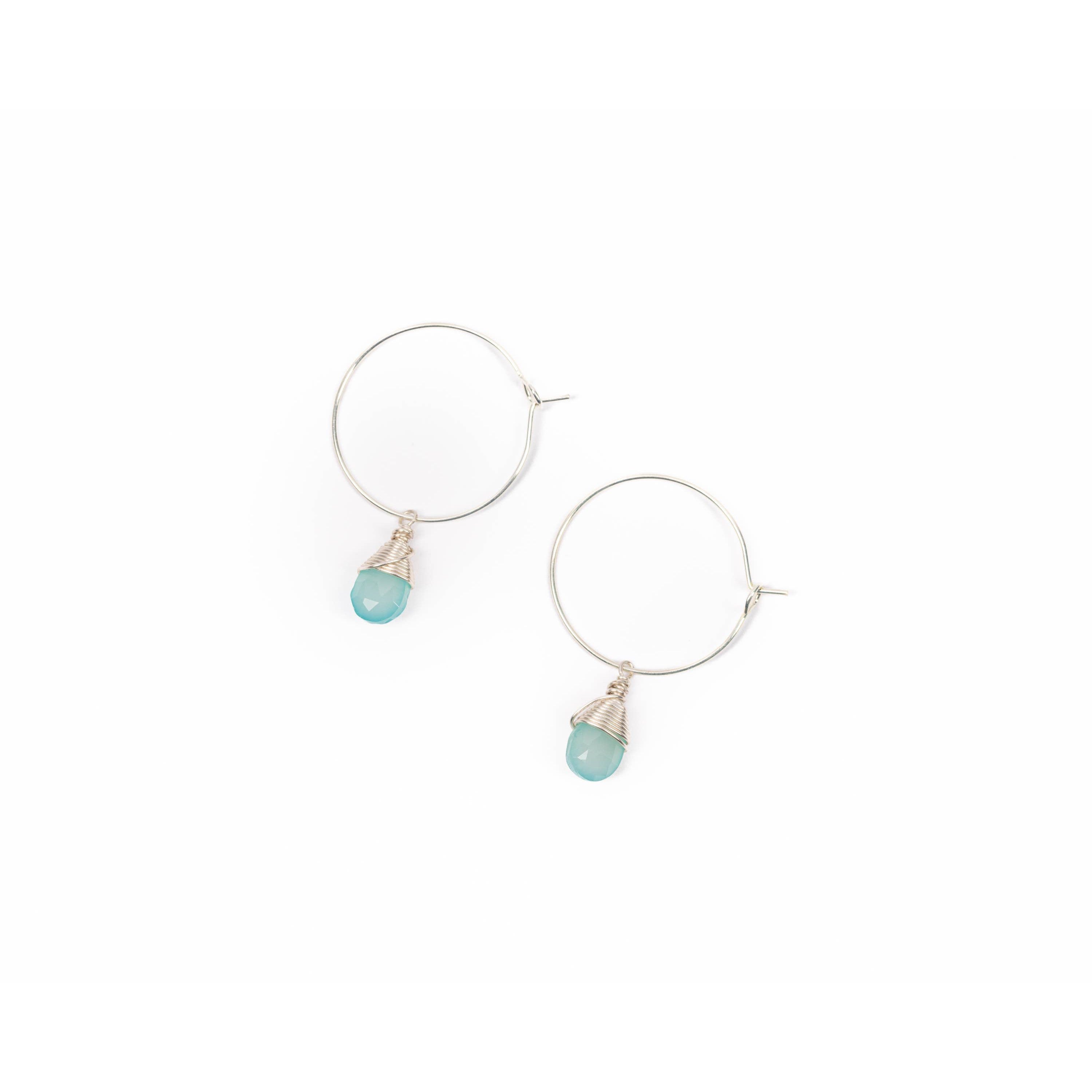 Aqua Chalcedony Gemstone Hoop Earrings- Assorted