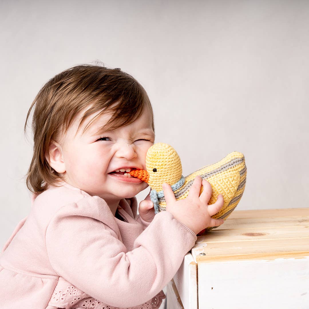 Baby Duck Rattle - Stripey Yellow