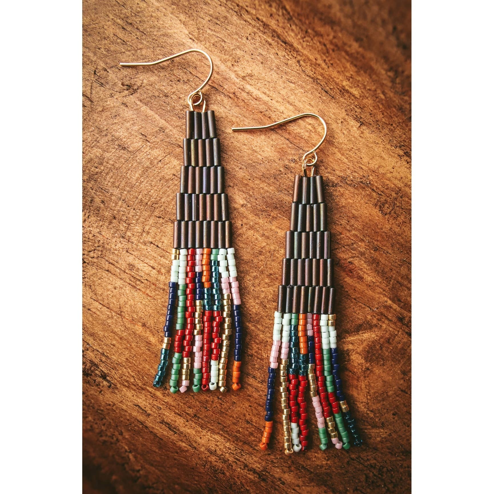Beaded Handwoven Abstract Fringe Earrings- Assorted Colors