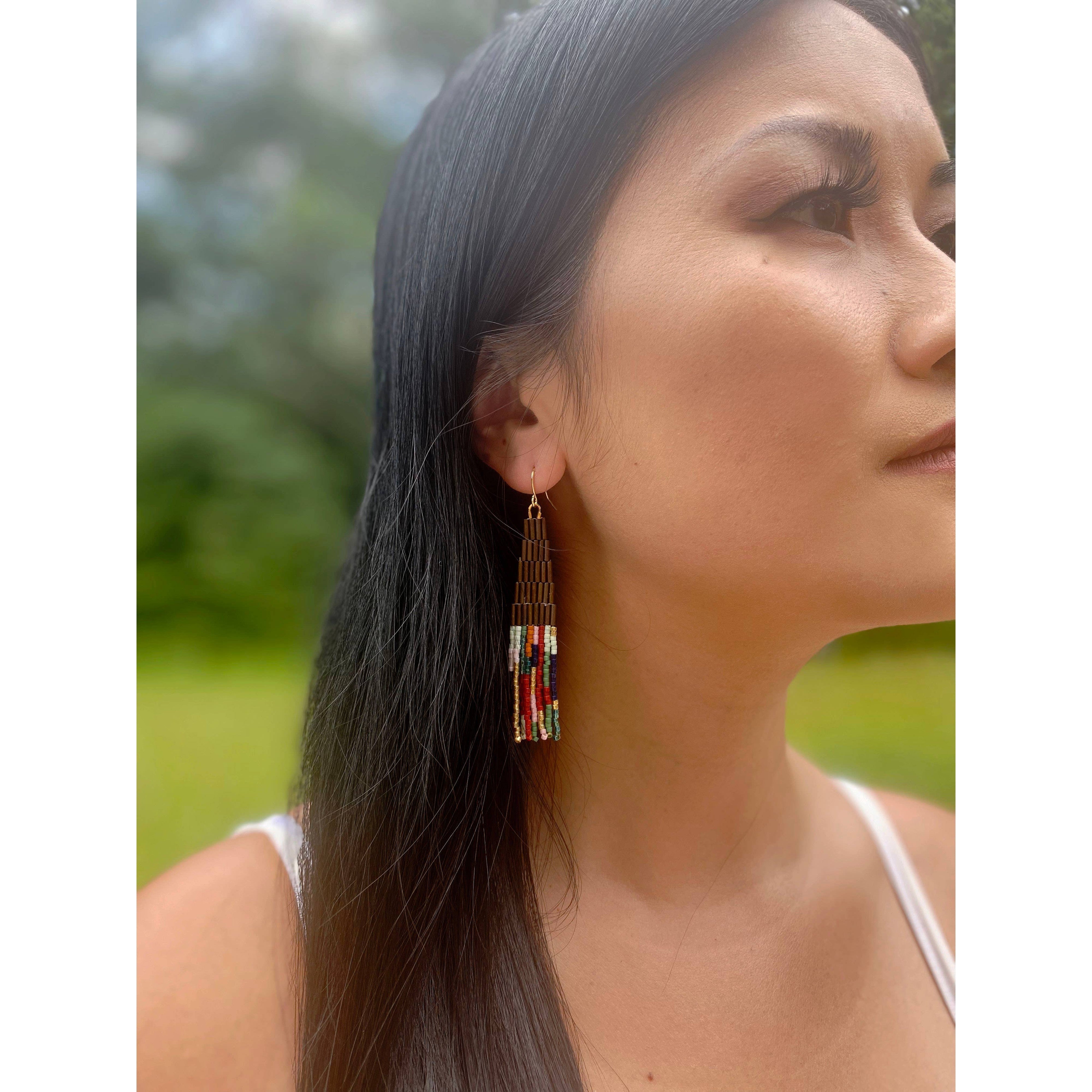 Beaded Handwoven Abstract Fringe Earrings- Assorted Colors