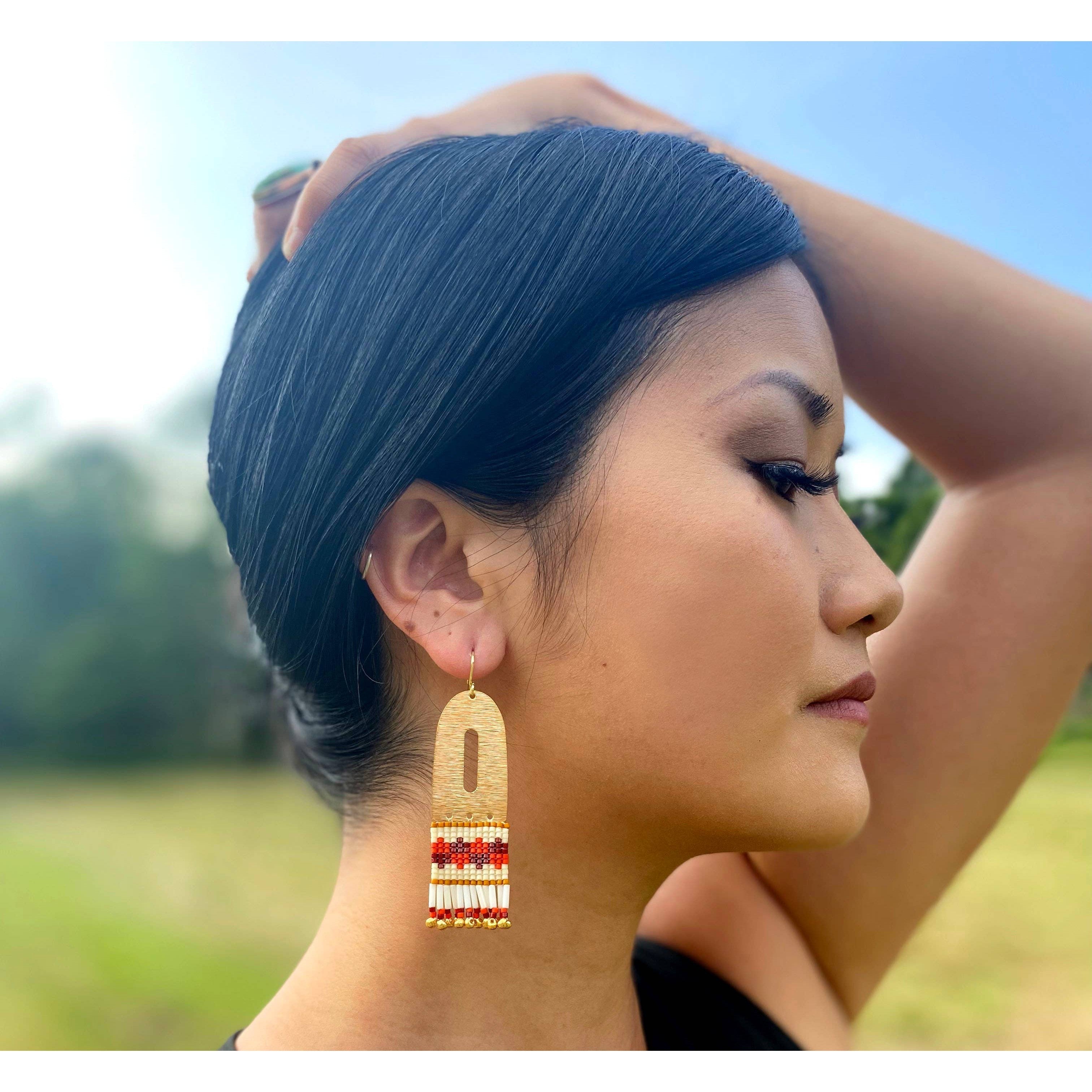 Beaded Handwoven Color Block Brass Earrings- Assorted Colors