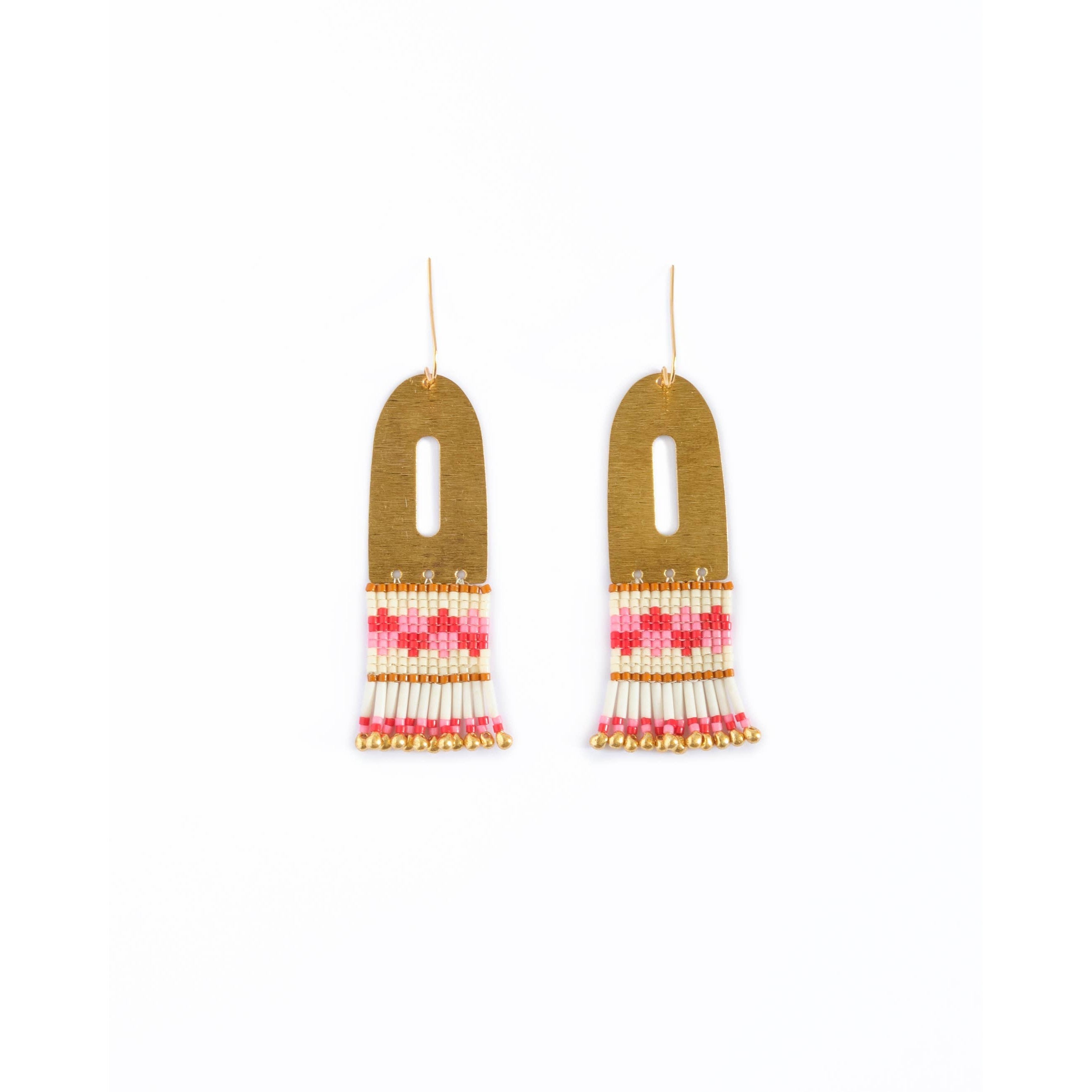 Beaded Handwoven Color Block Brass Earrings- Assorted Colors