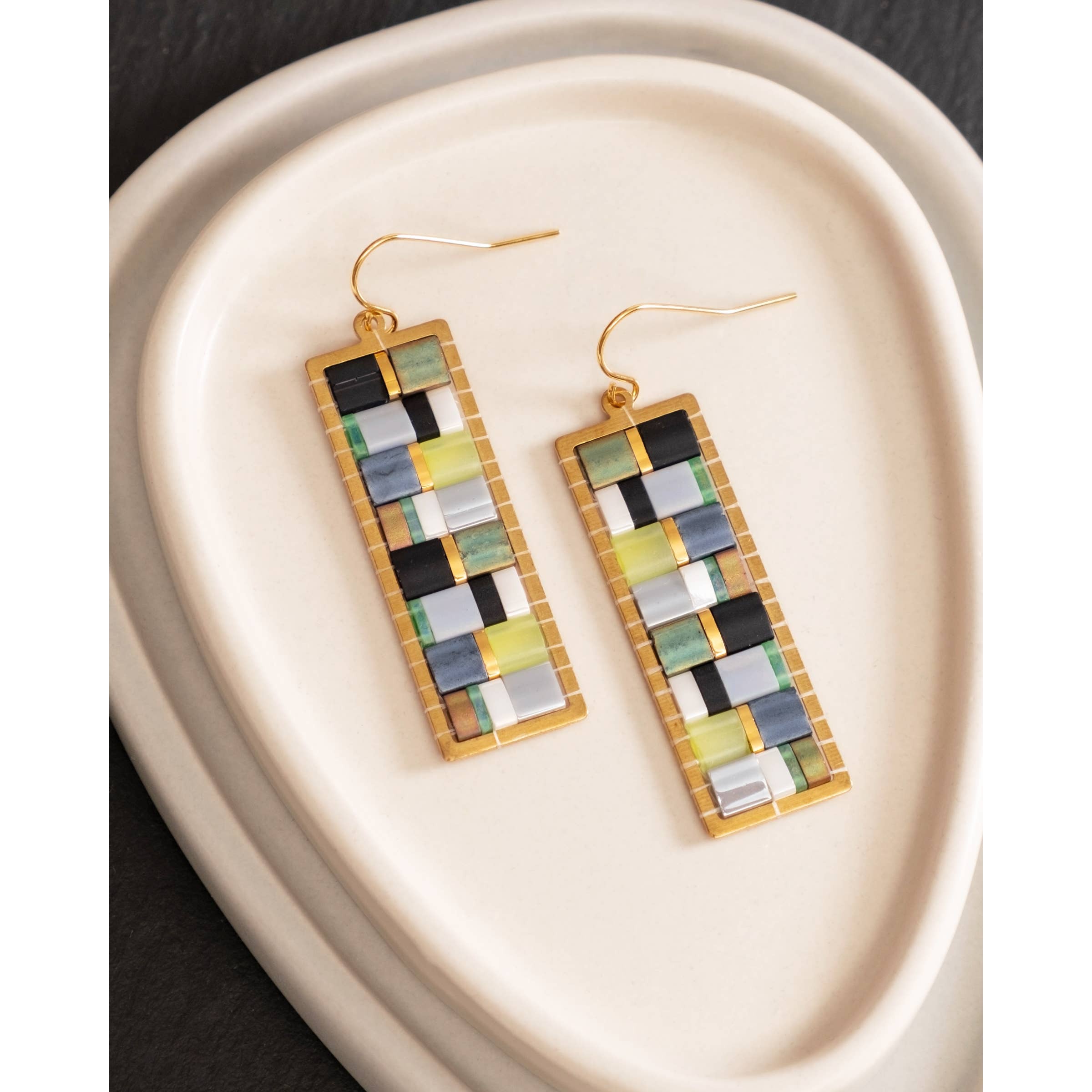 Beaded Handwoven Mosaic Tila and Brass Earrings- Assorted Colors