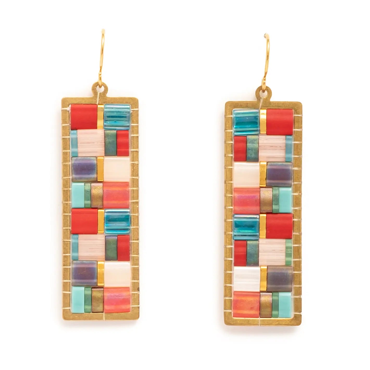 Beaded Handwoven Mosaic Tila and Brass Earrings- Assorted Colors