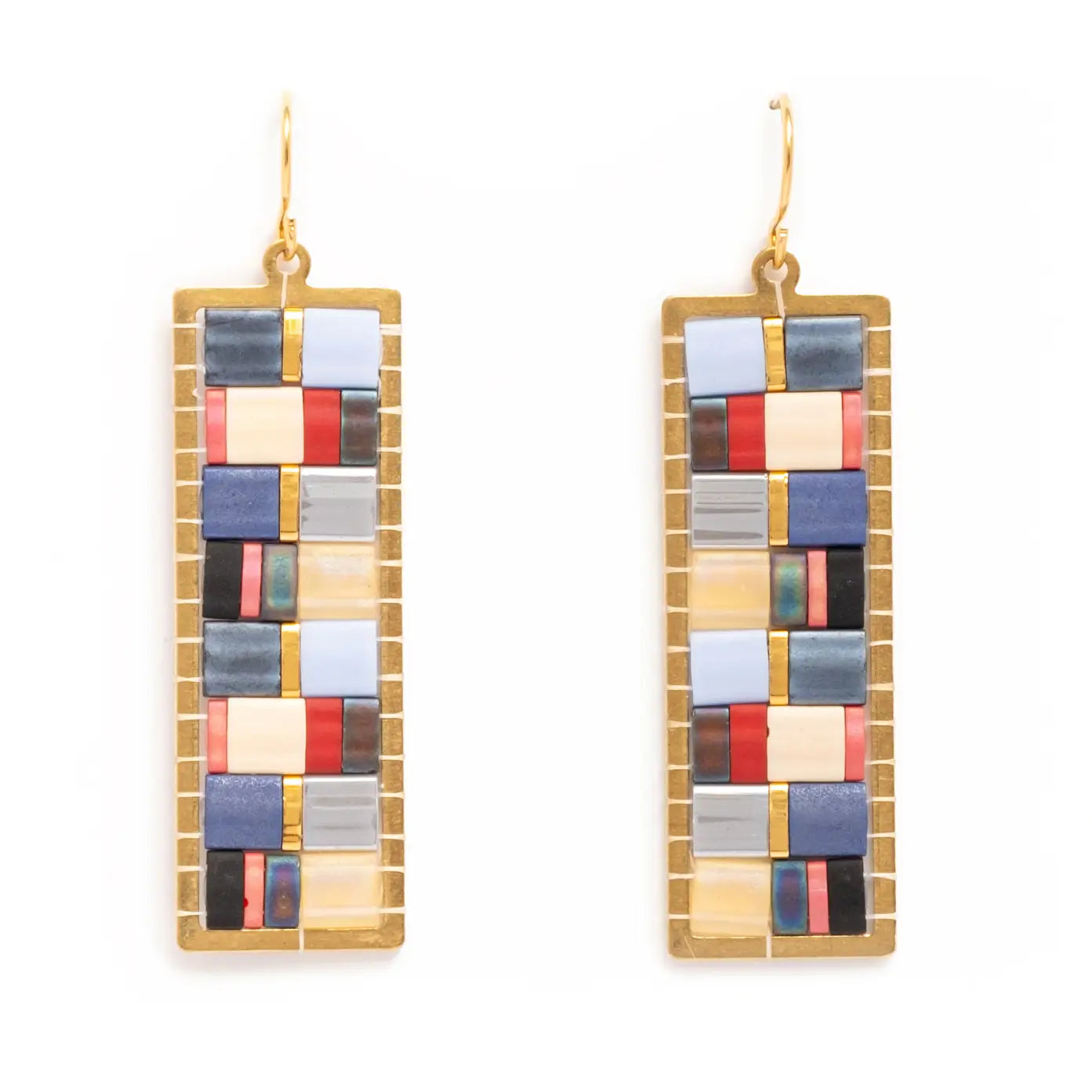 Beaded Handwoven Mosaic Tila and Brass Earrings- Assorted Colors