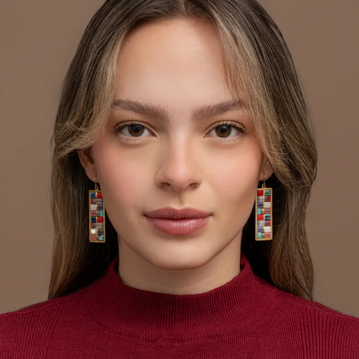 Beaded Handwoven Mosaic Tila and Brass Earrings- Assorted Colors