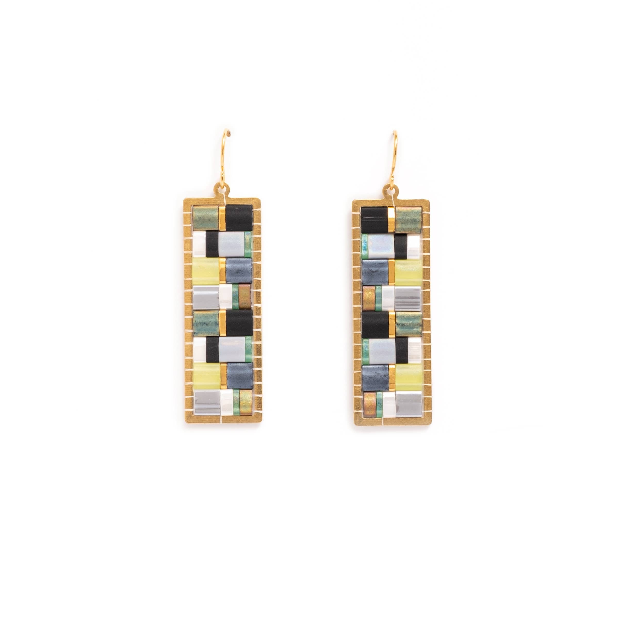 Beaded Handwoven Mosaic Tila and Brass Earrings- Assorted Colors