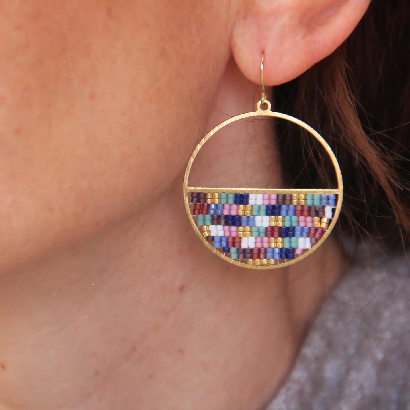 Beaded Handwoven Patchwork Circle Earrings (Galactic Dream)