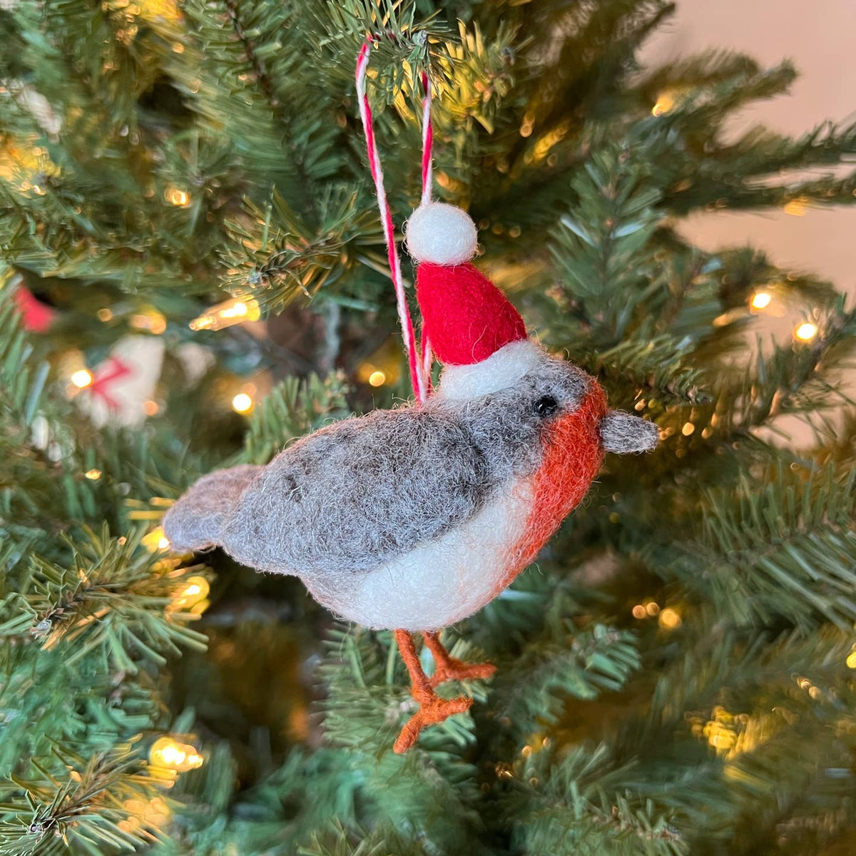 Bird in Santa Hat Tufted Wool Ornament