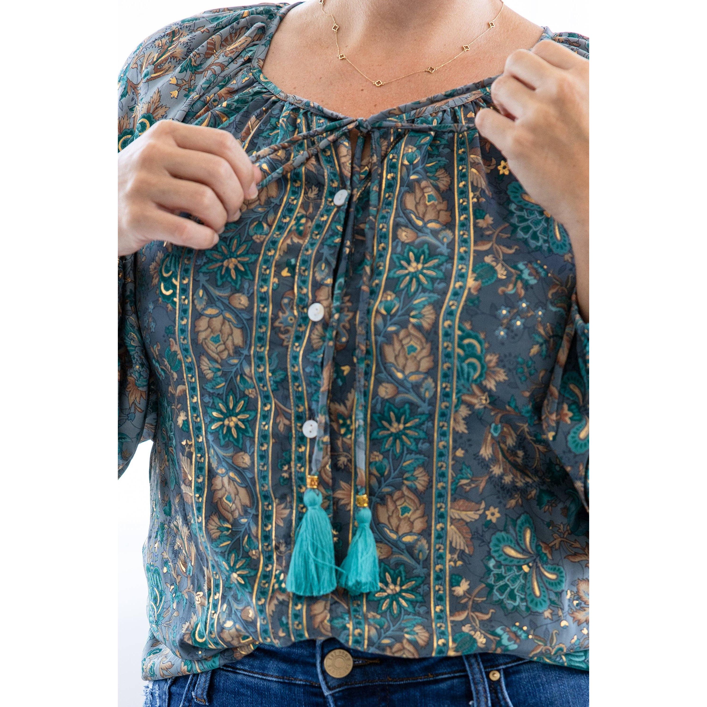 Boho Bloom Tassel Tie Blouse