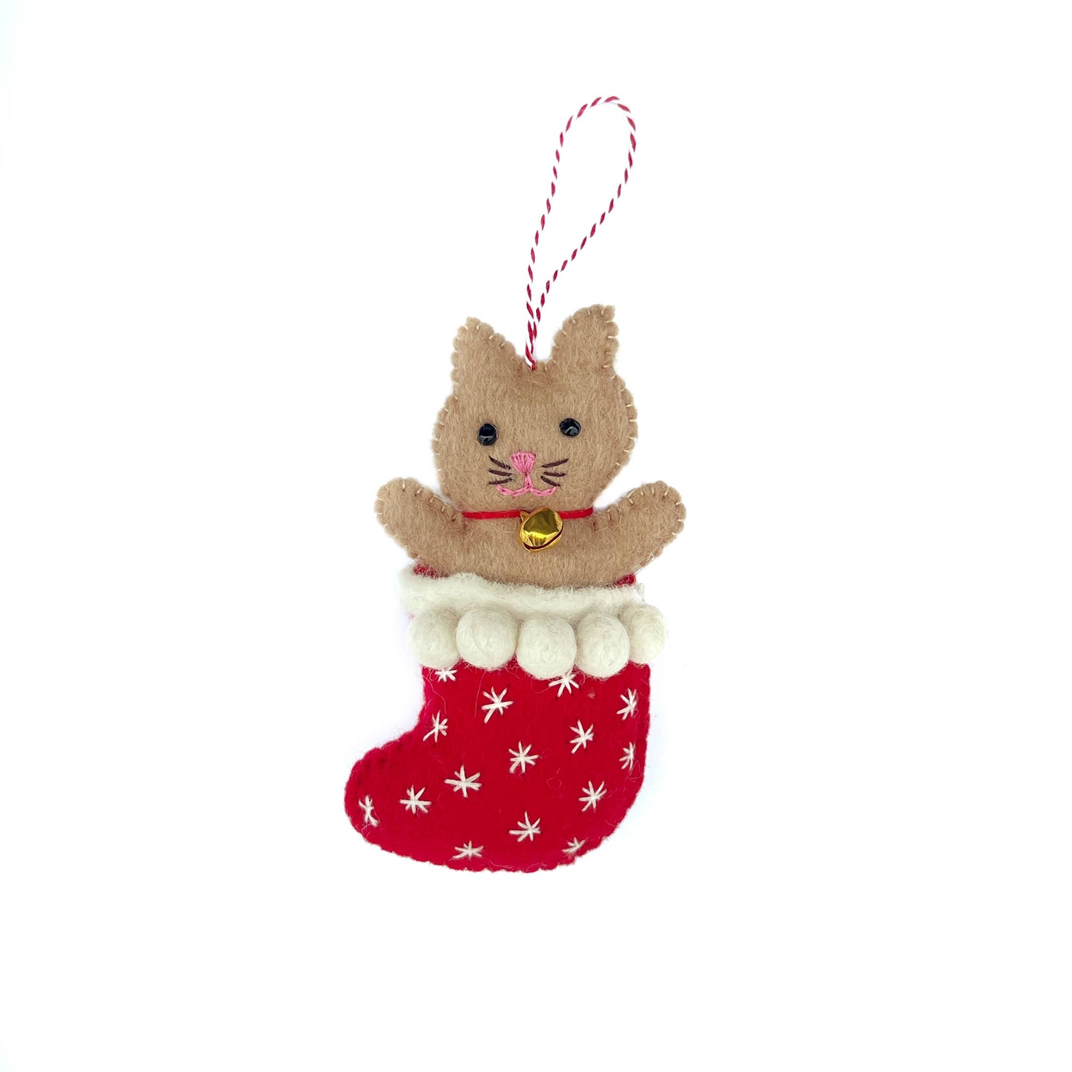 Cat in Stocking Felt Wool Christmas Ornament 