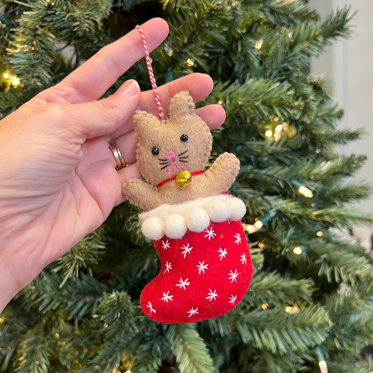 Cat in Stocking Felt Wool Ornament 