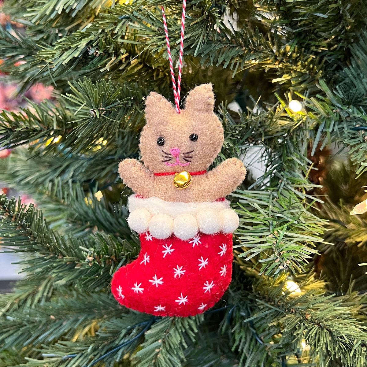 Cat in Stocking Felt Wool Ornament 