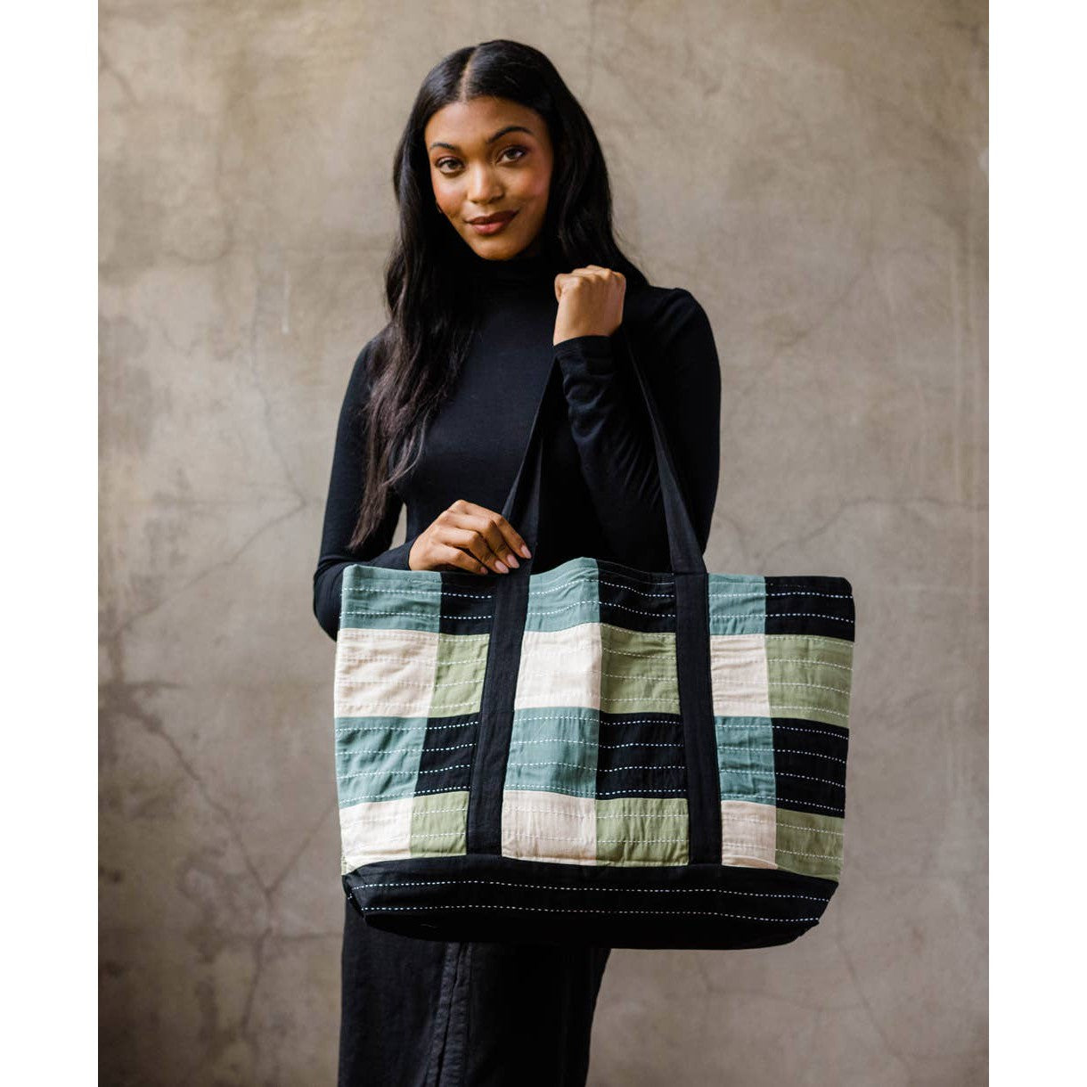 Checkered Tote Bag: Sage