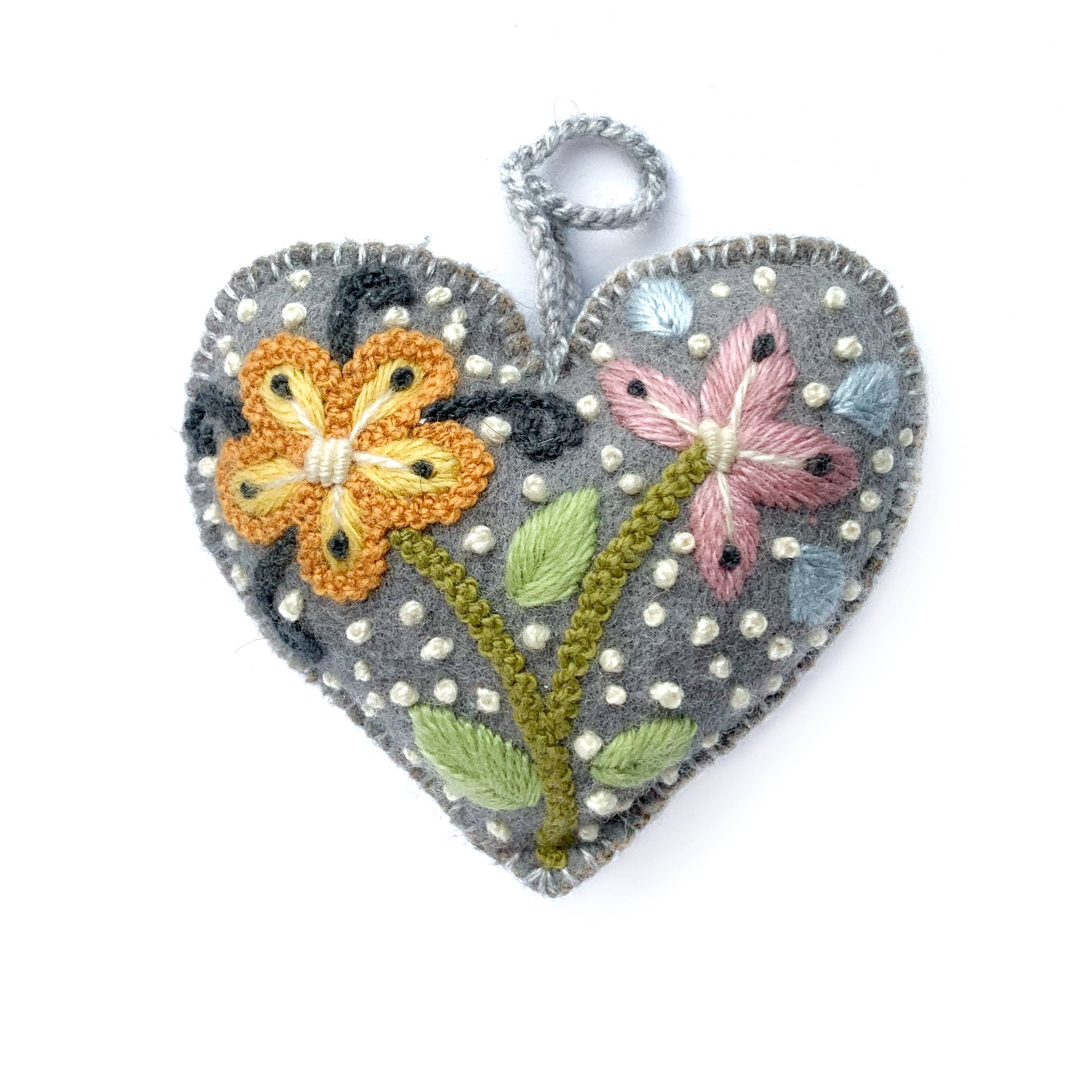 Colorful Embroidered Wool Heart Ornament- Assorted Colors- Sold Individually