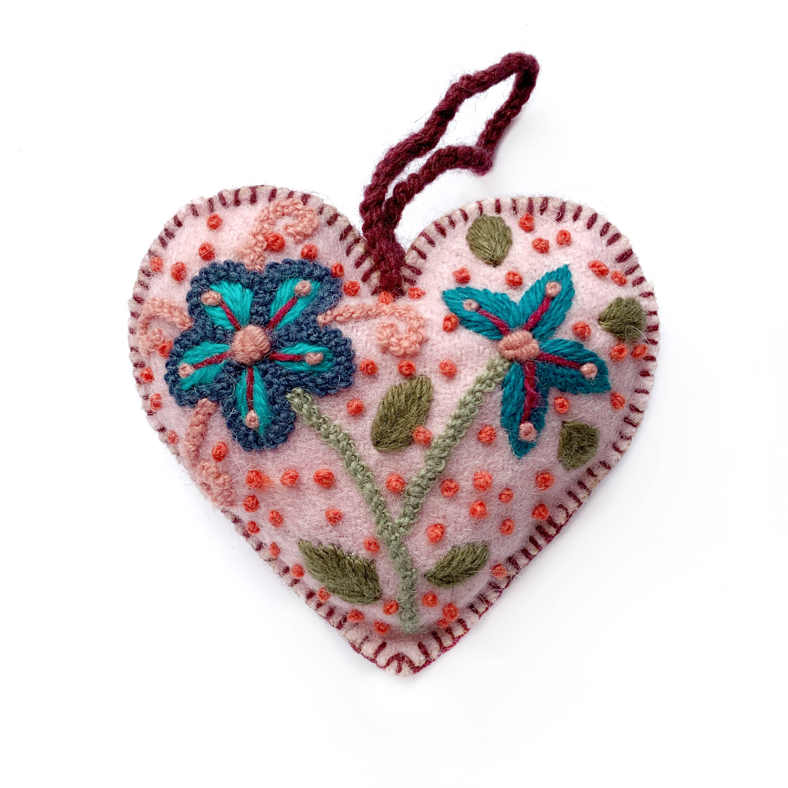 Colorful Embroidered Wool Heart Ornament- Assorted Colors- Sold Individually