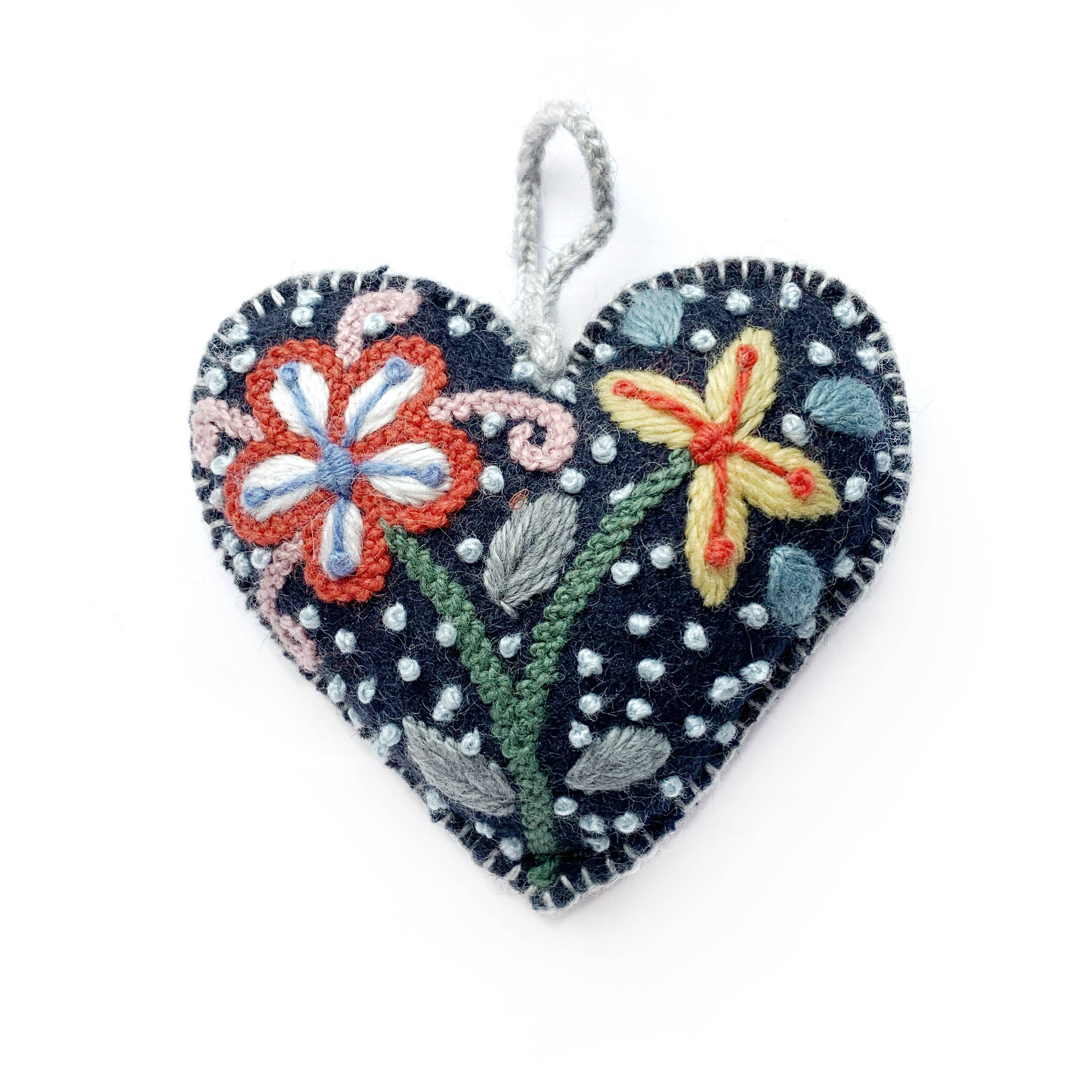 Colorful Embroidered Wool Heart Ornament- Assorted Colors- Sold Individually