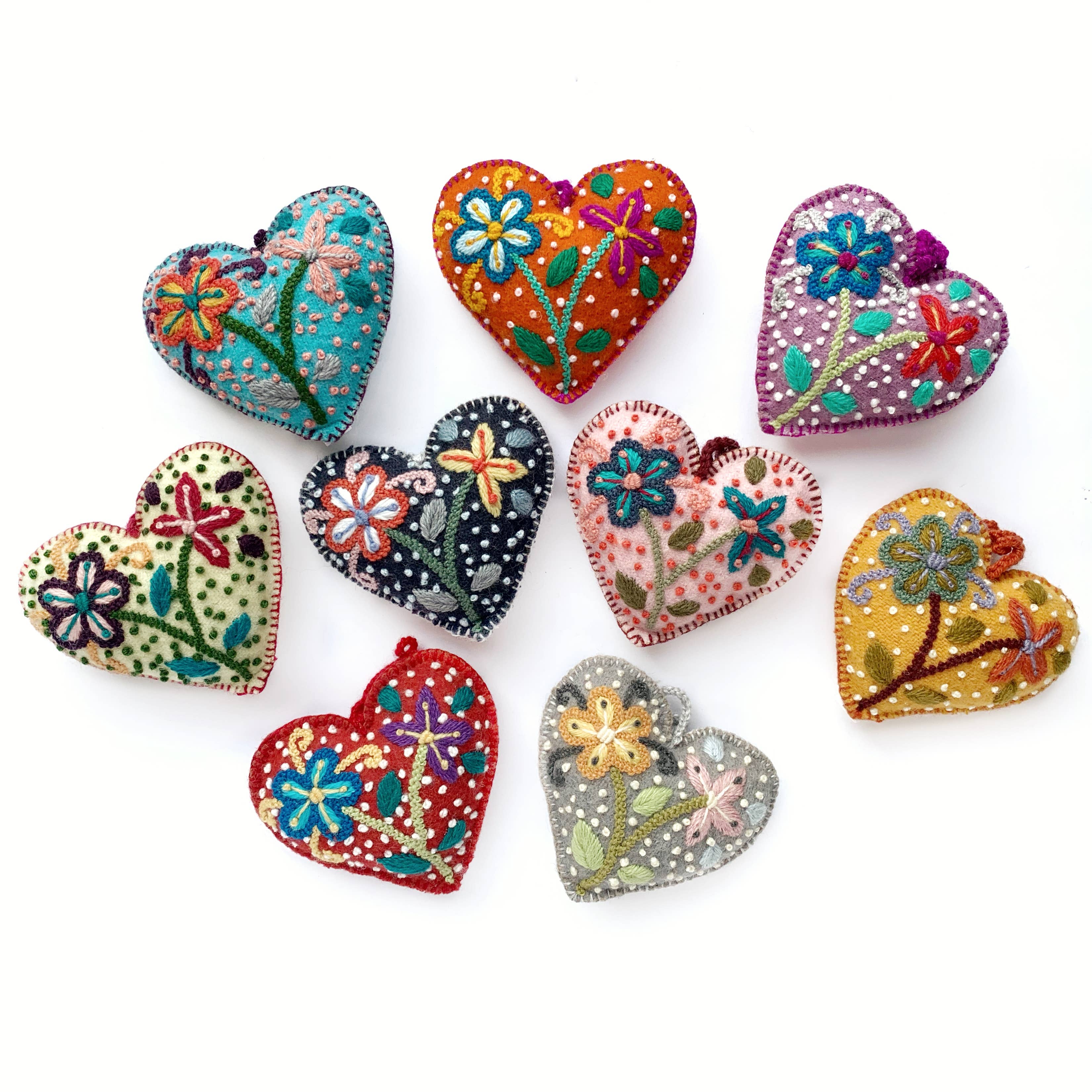 Colorful Embroidered Wool Heart Ornament- Assorted Colors- Sold Individually