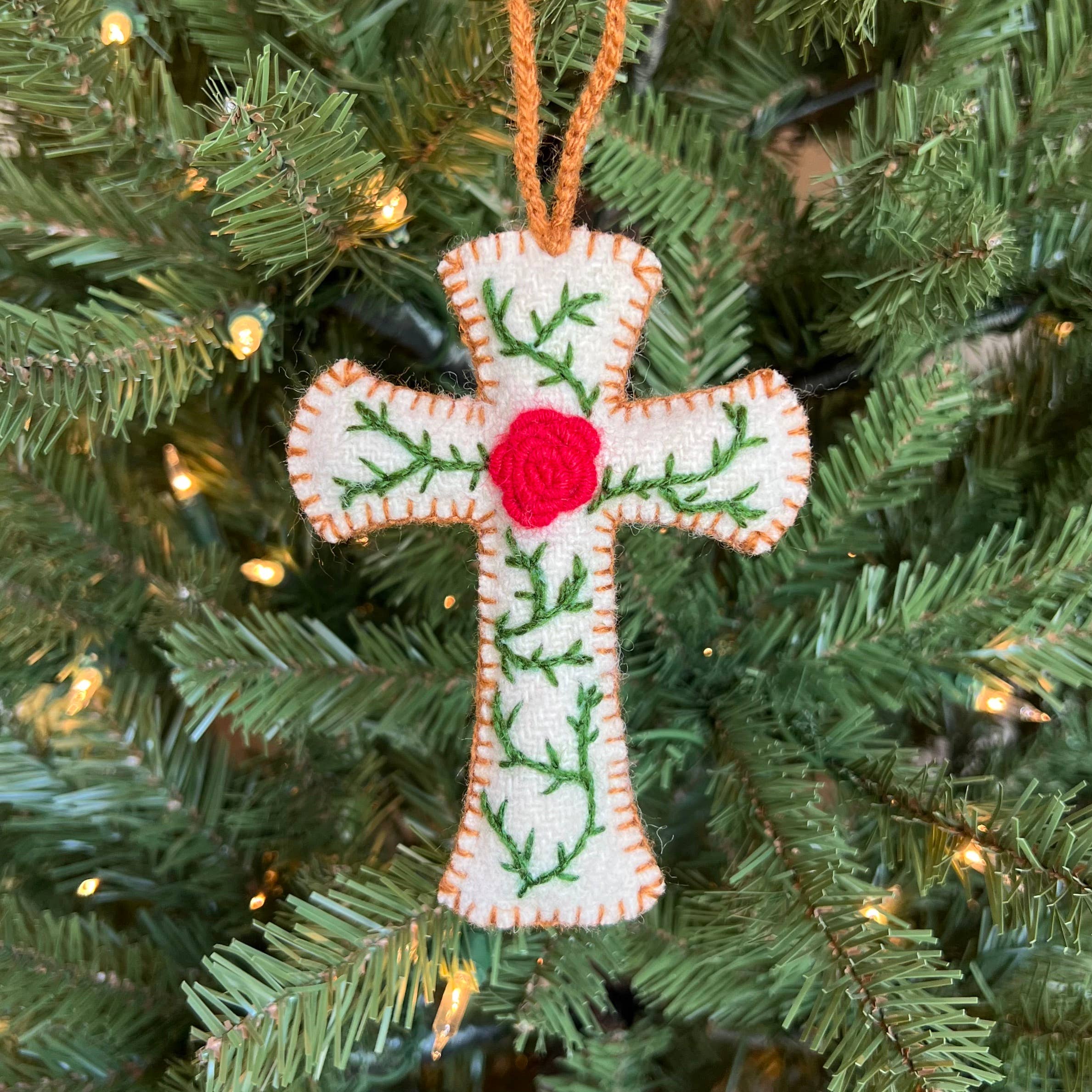 Cross with Rose Embroidered Wool Christmas Ornament