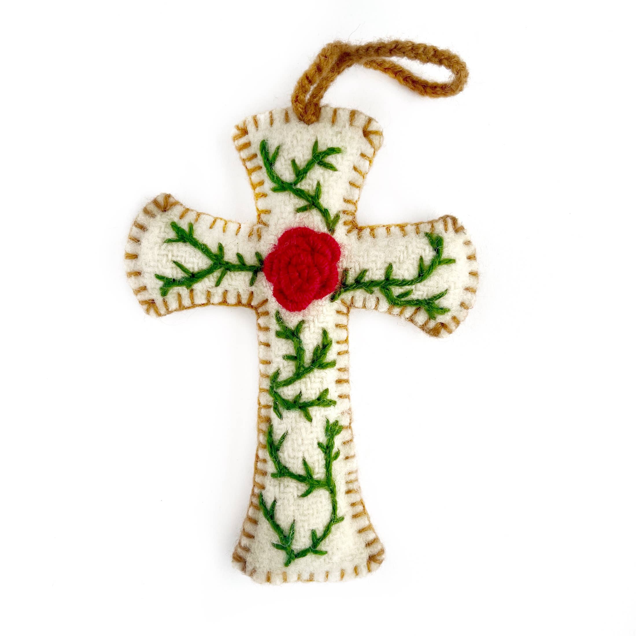 Cross with Rose Embroidered Wool Christmas Ornament