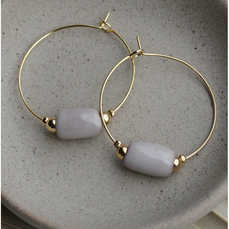 Cylinder Clay Bead Gold Hoop Earrings- Assorted Colors