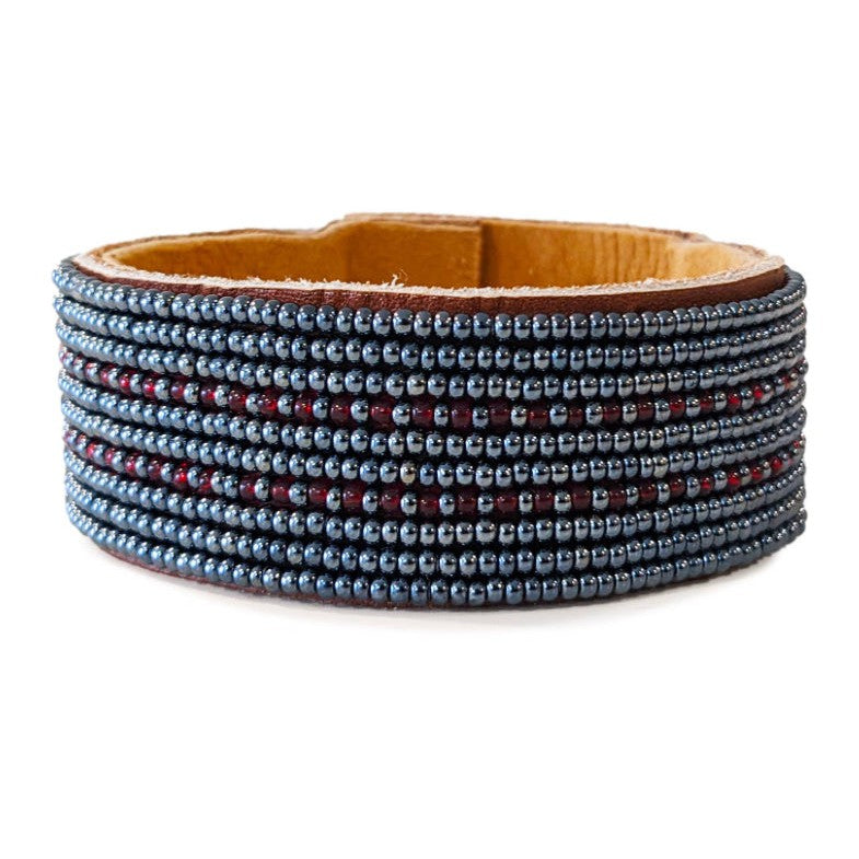 Dashes Garnet and Slate Beaded Leather Cuff- Assorted Sizes