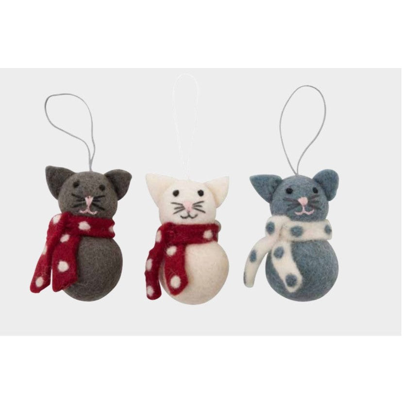 Felt Ball Cat in Scarf Ornament - Sold Individually