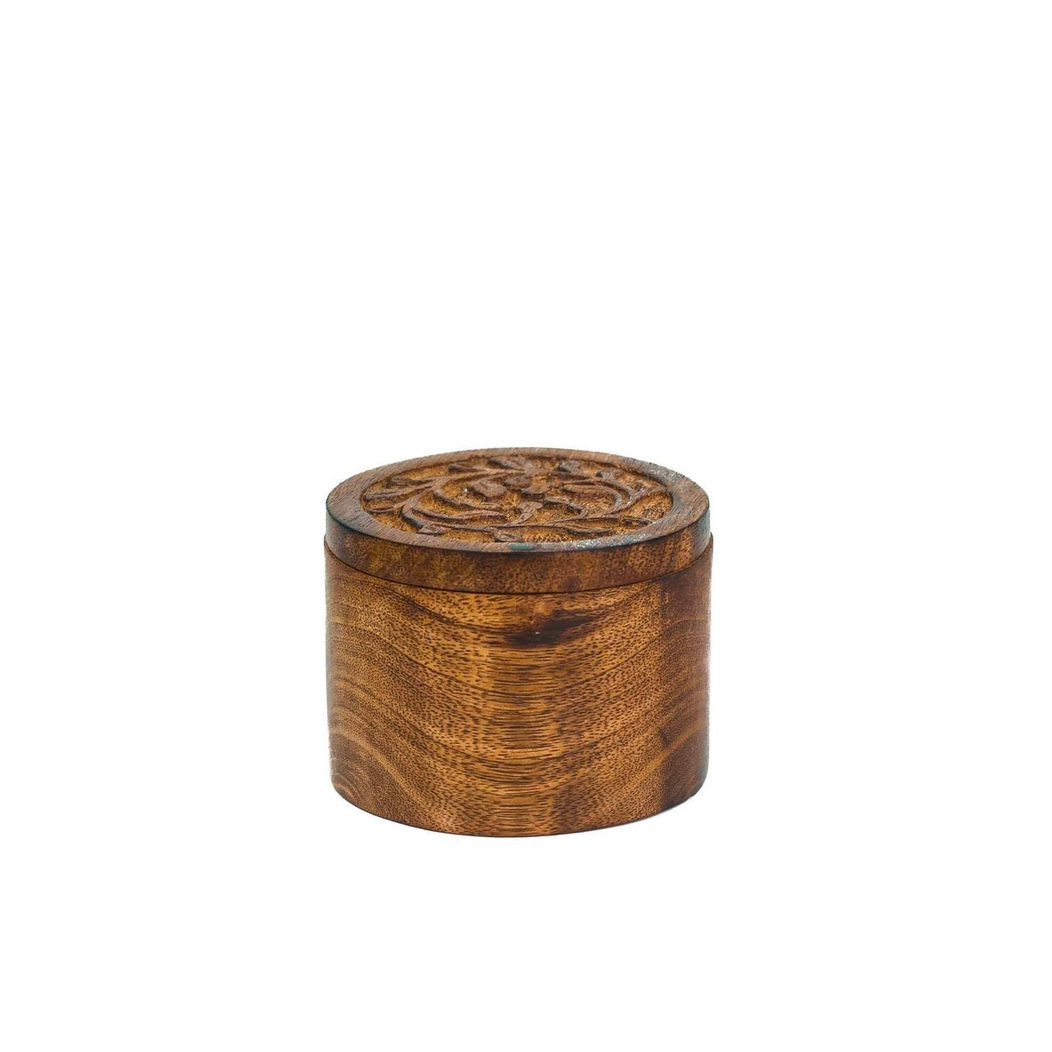 Flora Salt Cellar Spice Box With Swivel Lid - Carved Wood