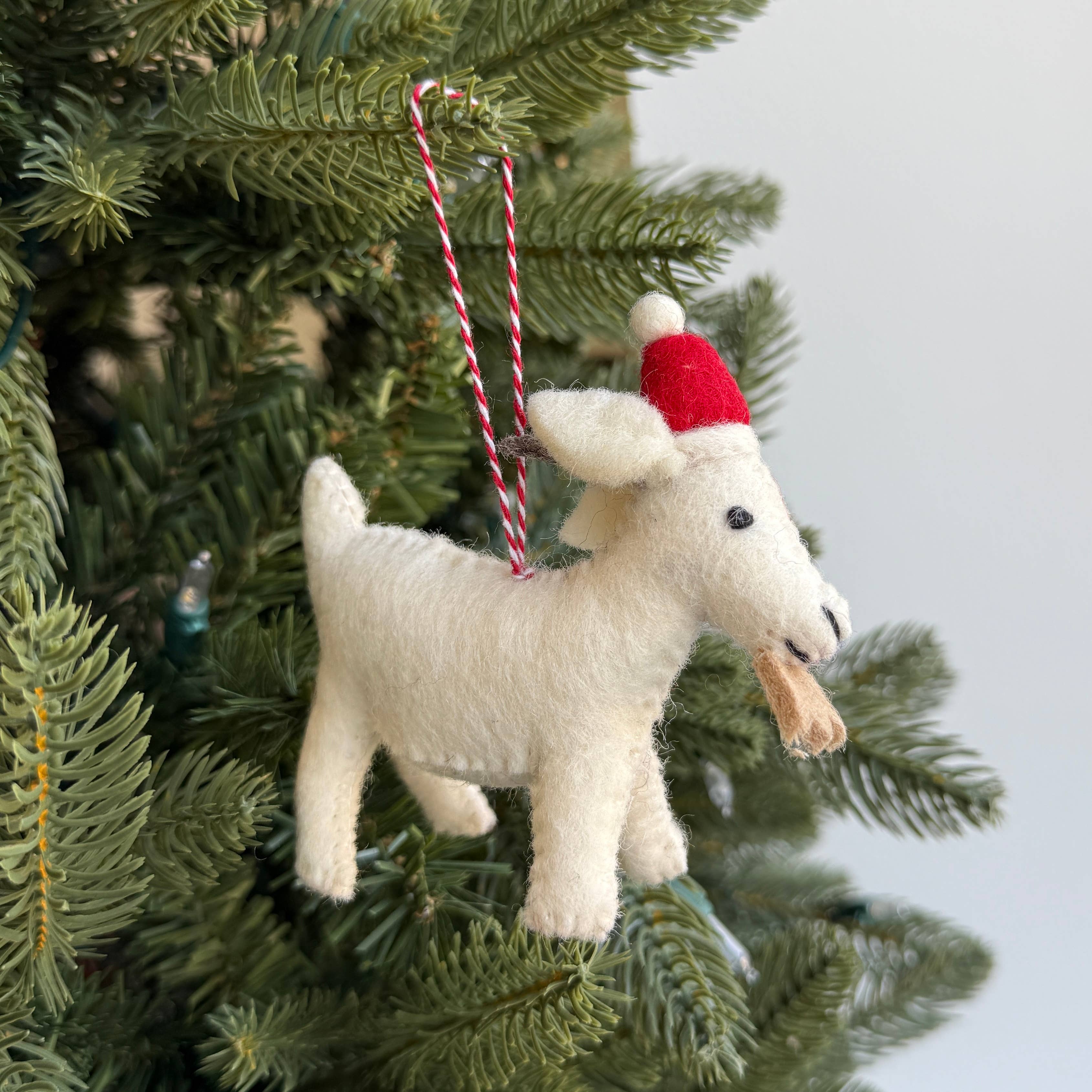 Goat in Santa Hat Felt Wool Ornament