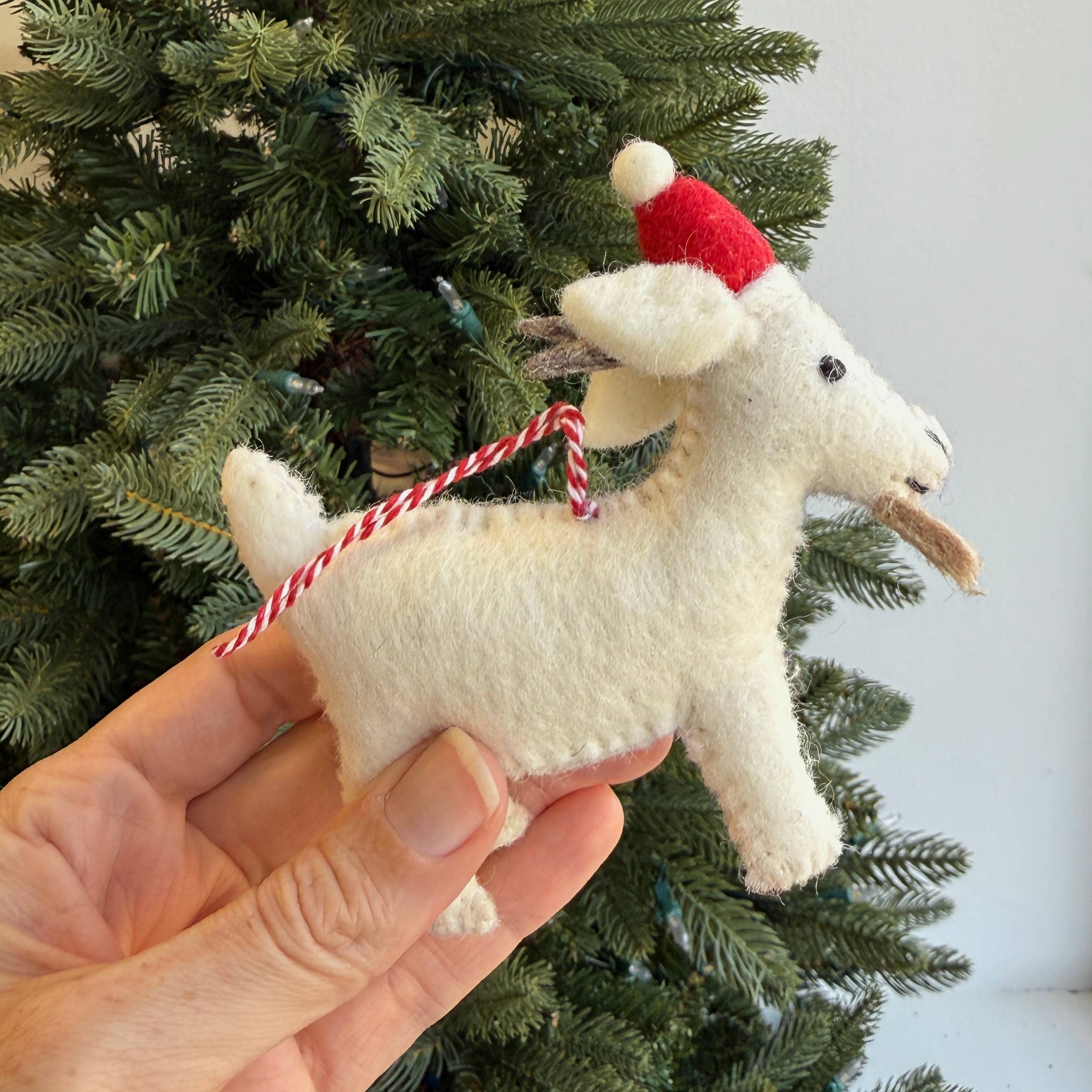 Goat in Santa Hat Felt Wool Ornament
